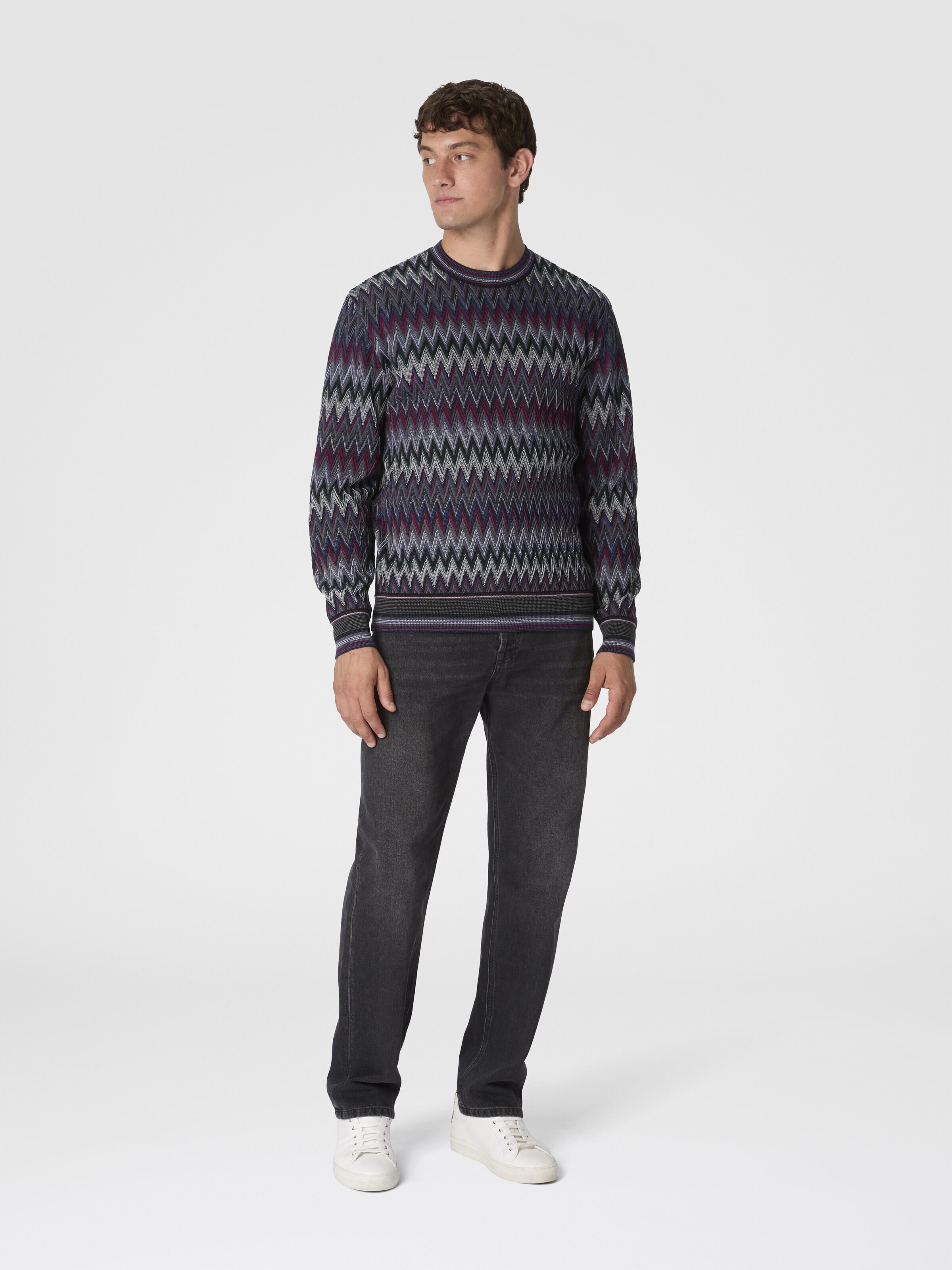 Crew Neck Sweater with 3D Zigzag Pattern, Multicoloured  - 1