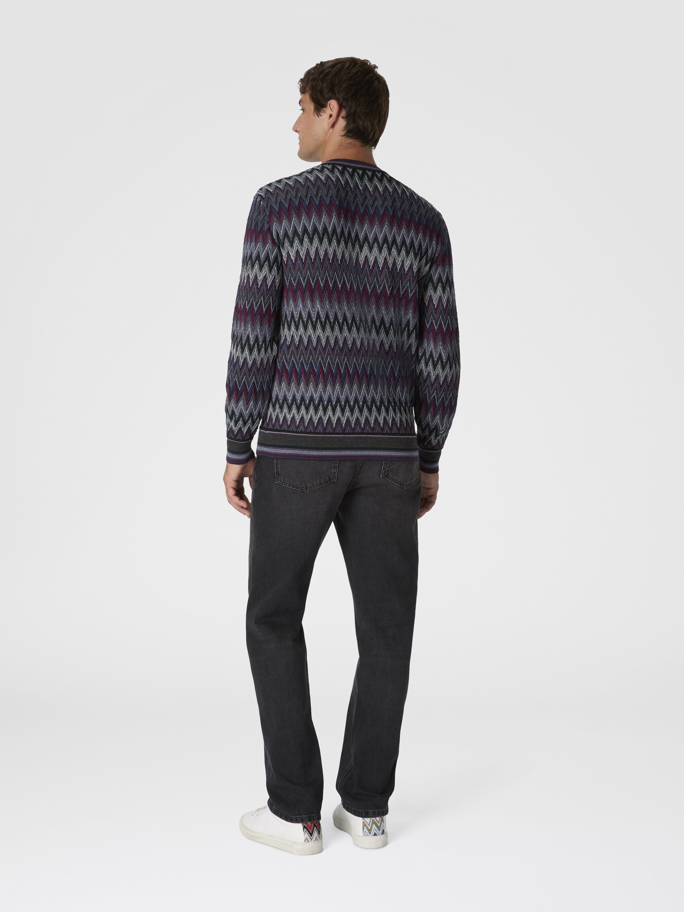 Crew Neck Sweater with 3D Zigzag Pattern, Multicoloured  - 2