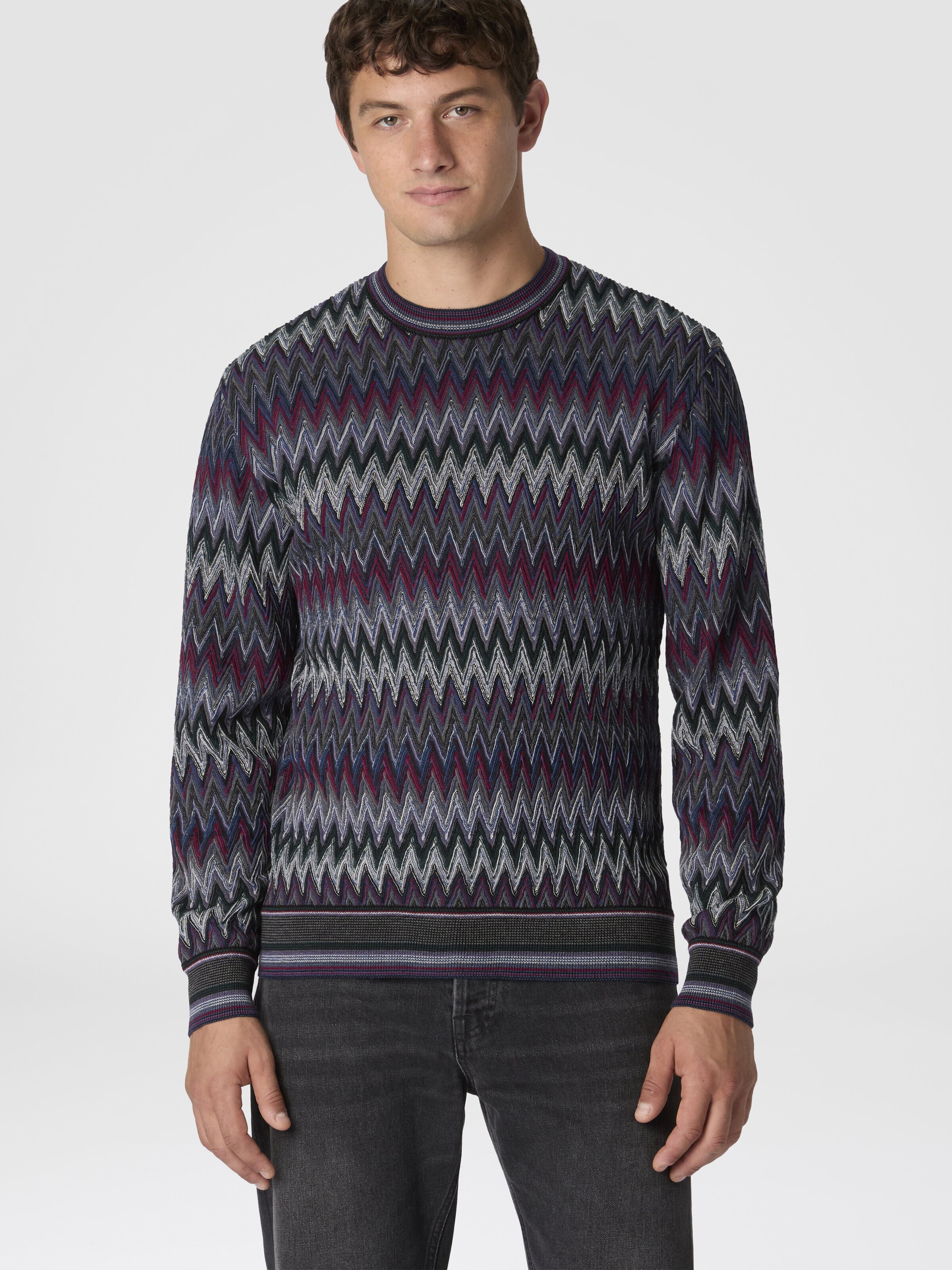 Crew Neck Sweater with 3D Zigzag Pattern, Multicoloured  - 3