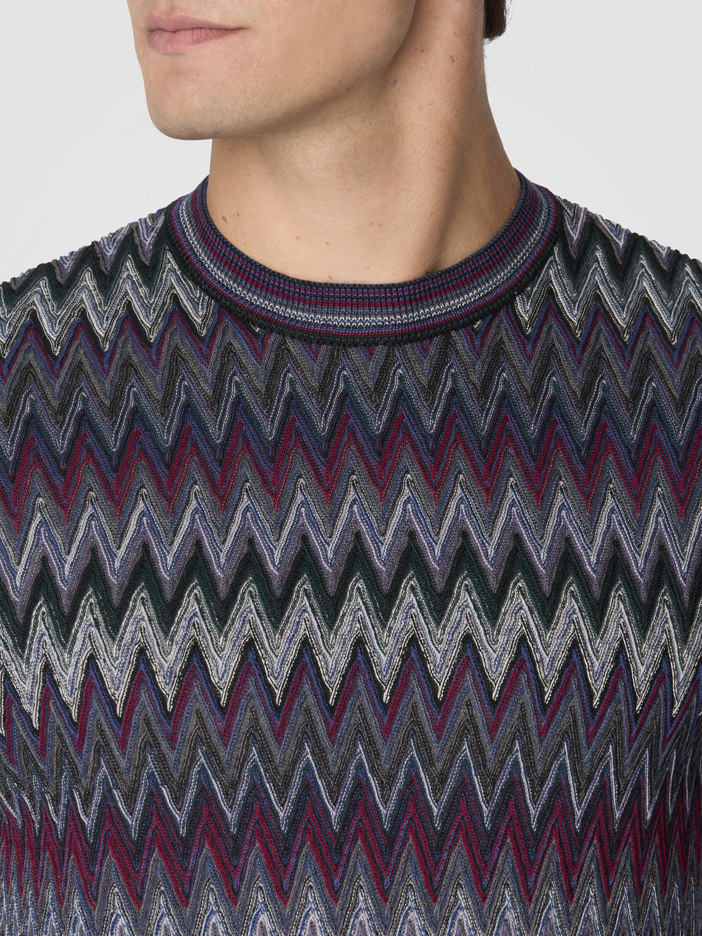 Crew Neck Sweater with 3D Zigzag Pattern, Multicoloured  - 4