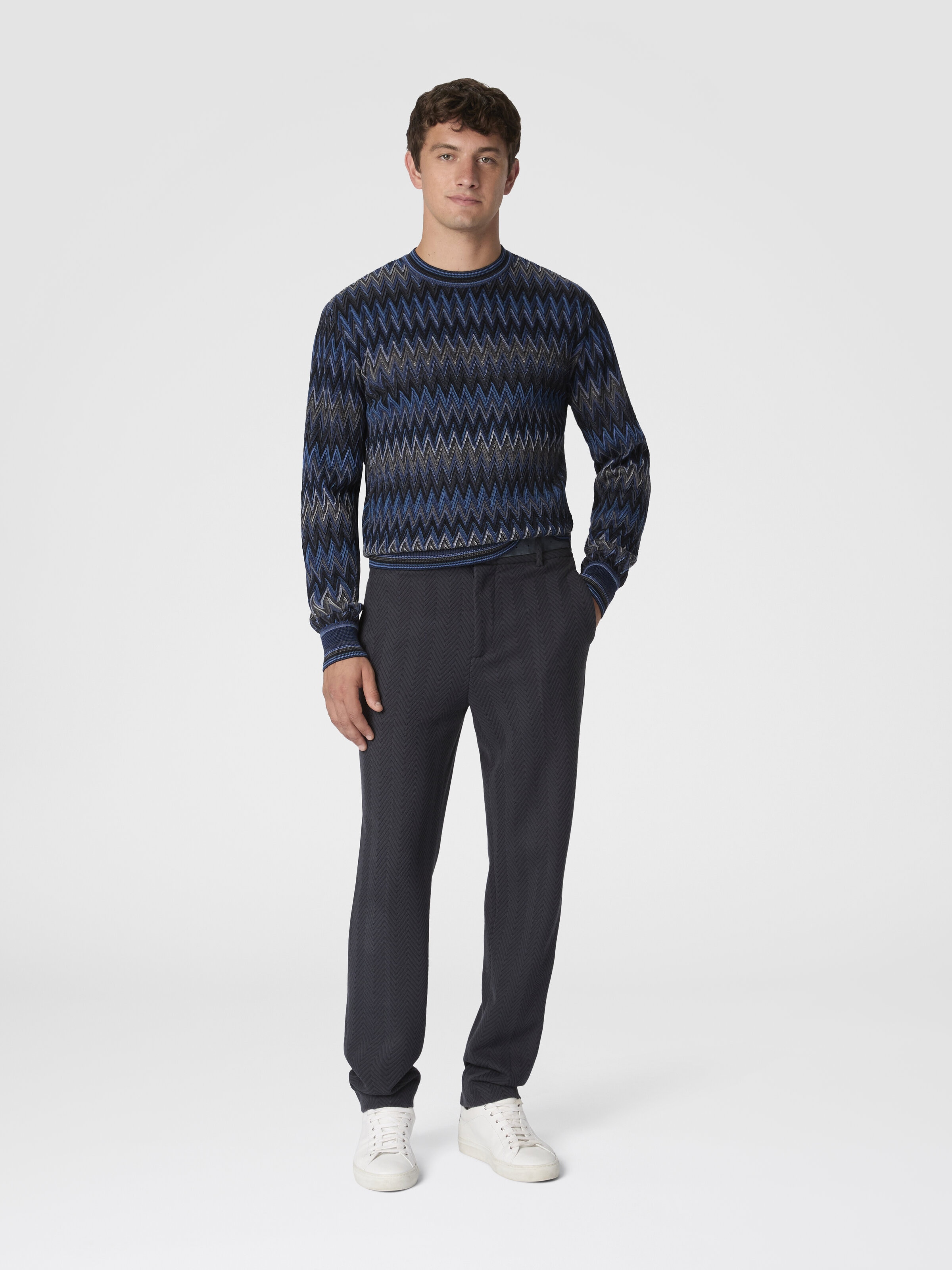 Crew Neck Sweater with 3D Zigzag Pattern, Blue & Grey - 1