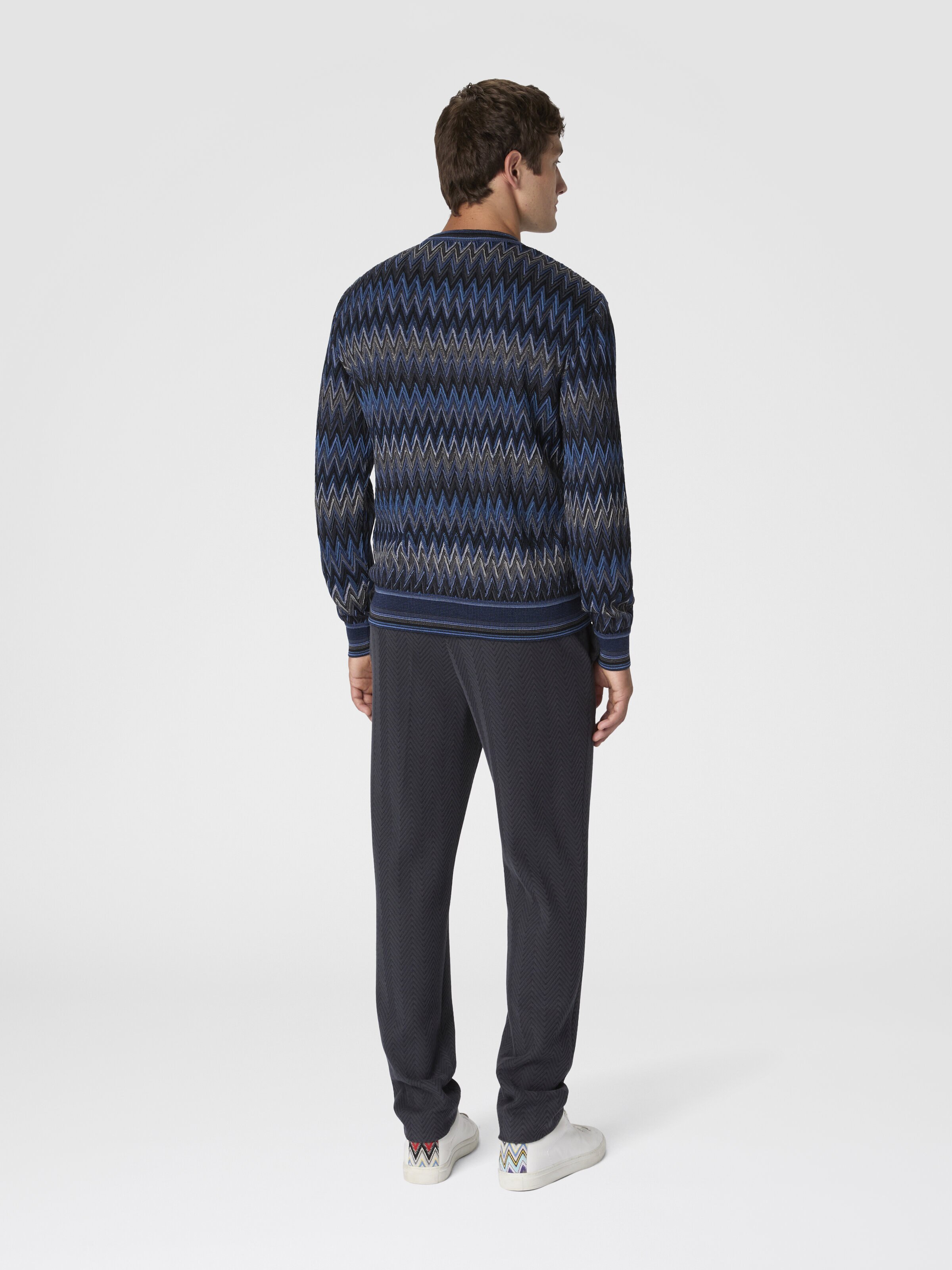 Crew Neck Sweater with 3D Zigzag Pattern, Blue & Grey - 2