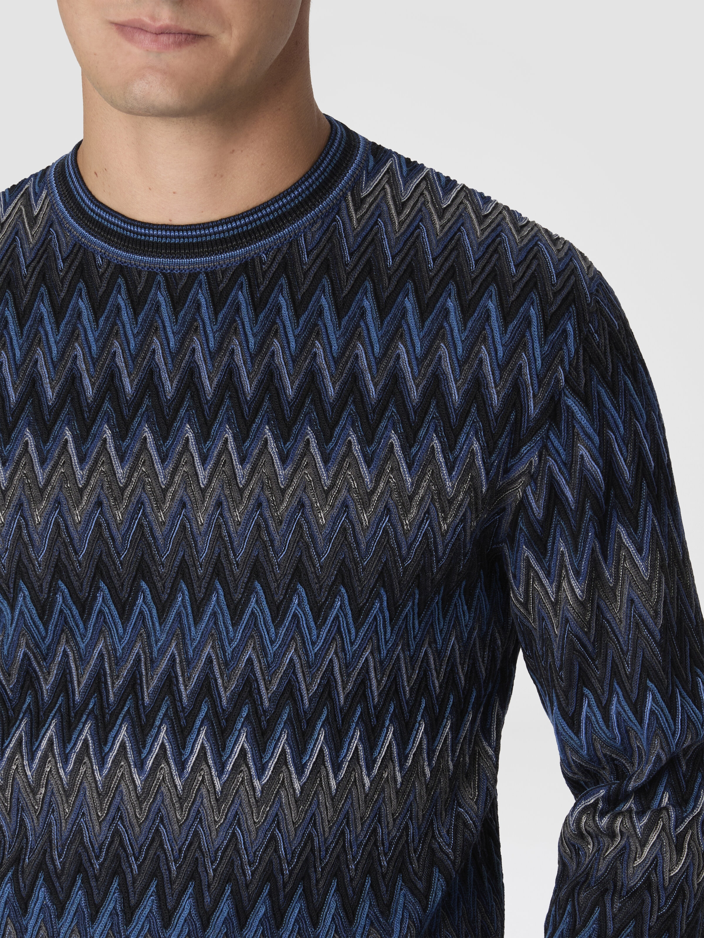 Crew Neck Sweater with 3D Zigzag Pattern, Blue & Grey - 4