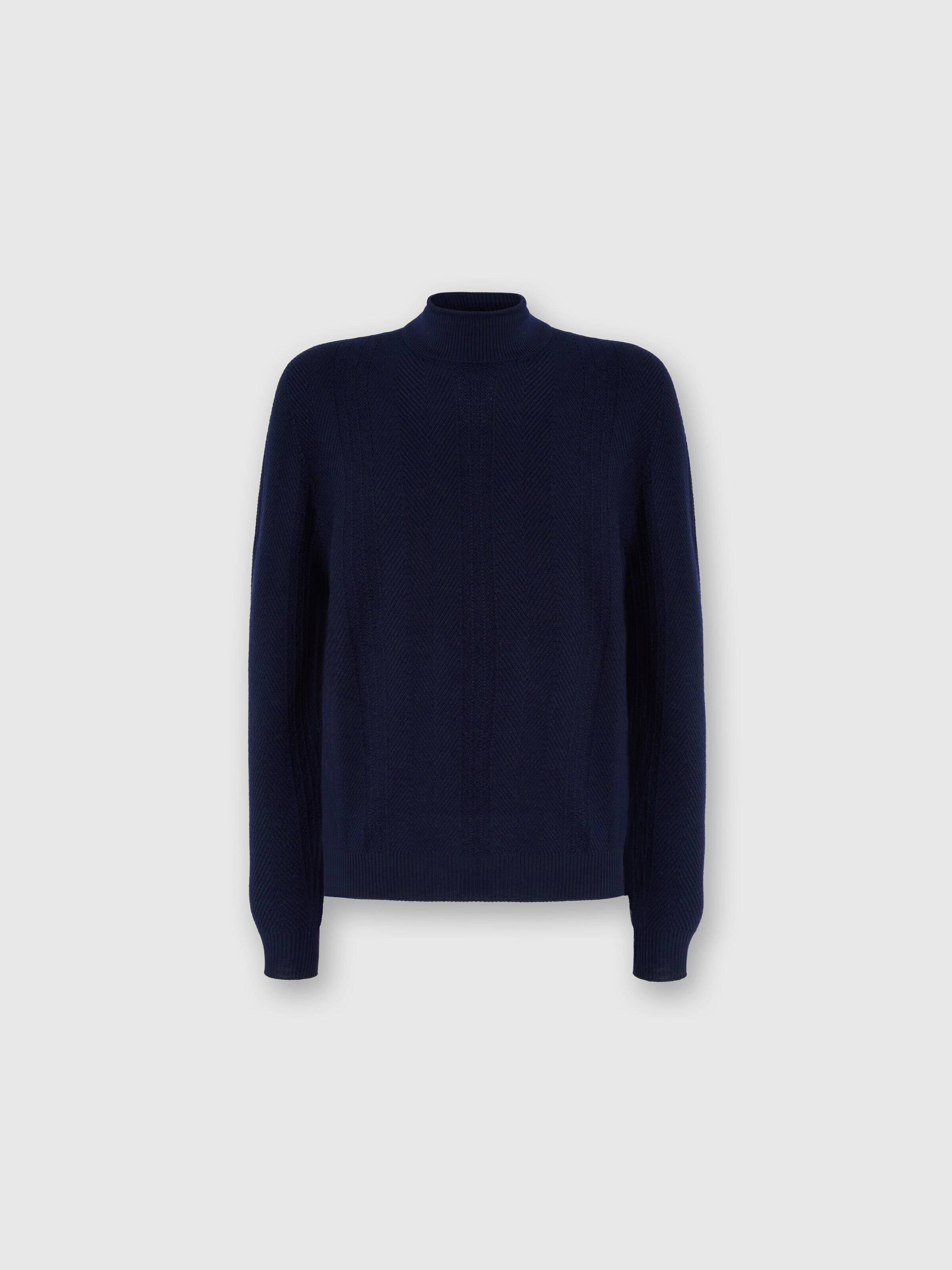 High-Neck Sweater with Tone-on-Tone Chevron Pattern, Navy Blue  - 0