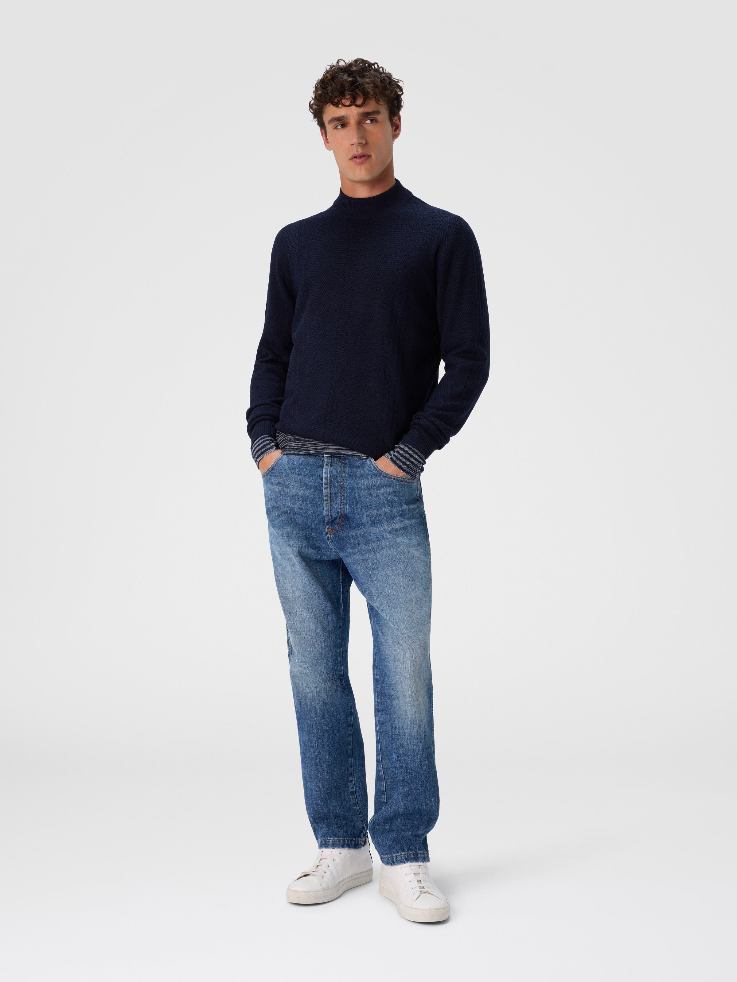 High-Neck Sweater with Tone-on-Tone Chevron Pattern, Navy Blue  - 1