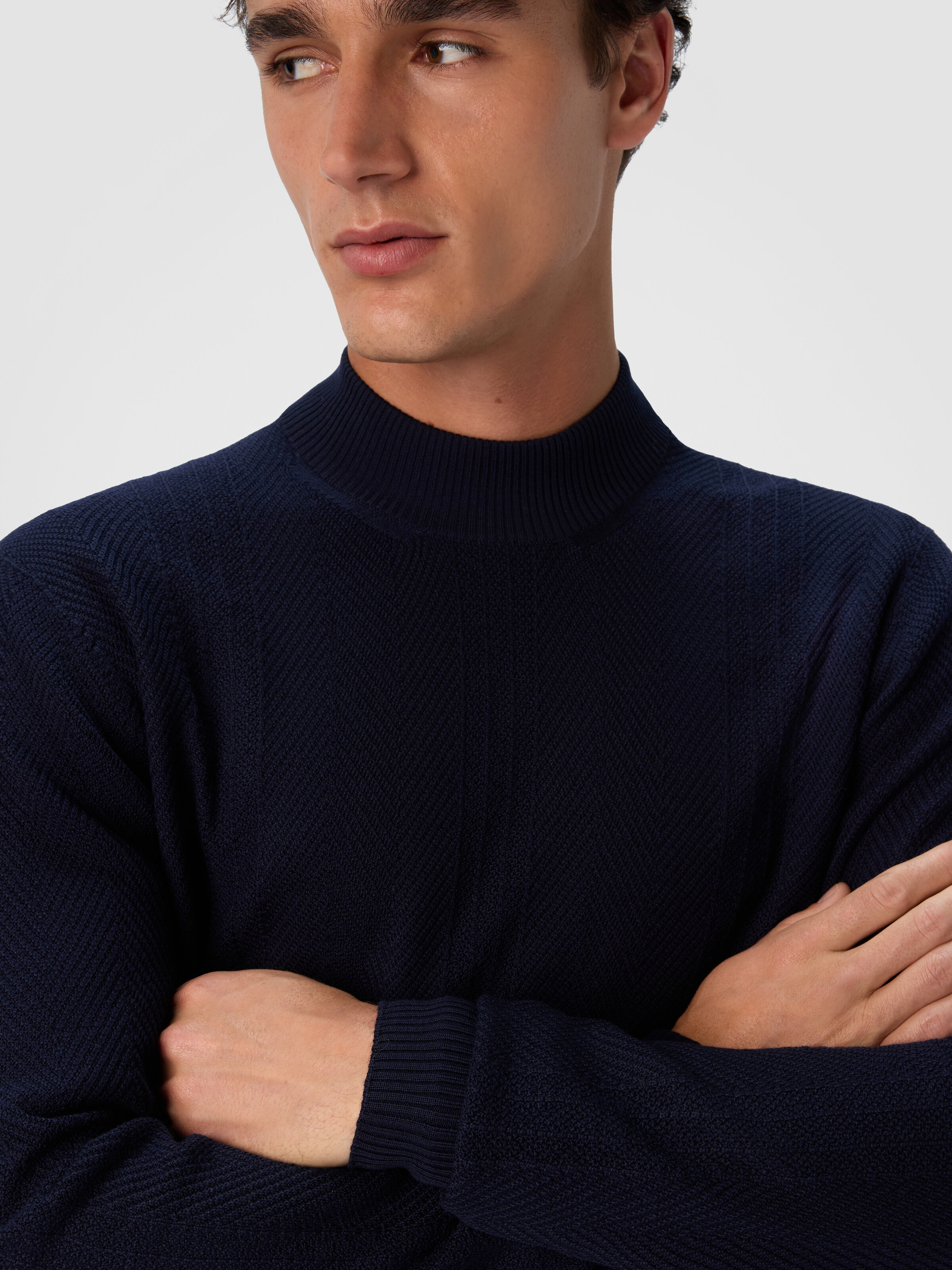 High-Neck Sweater with Tone-on-Tone Chevron Pattern, Navy Blue  - 3