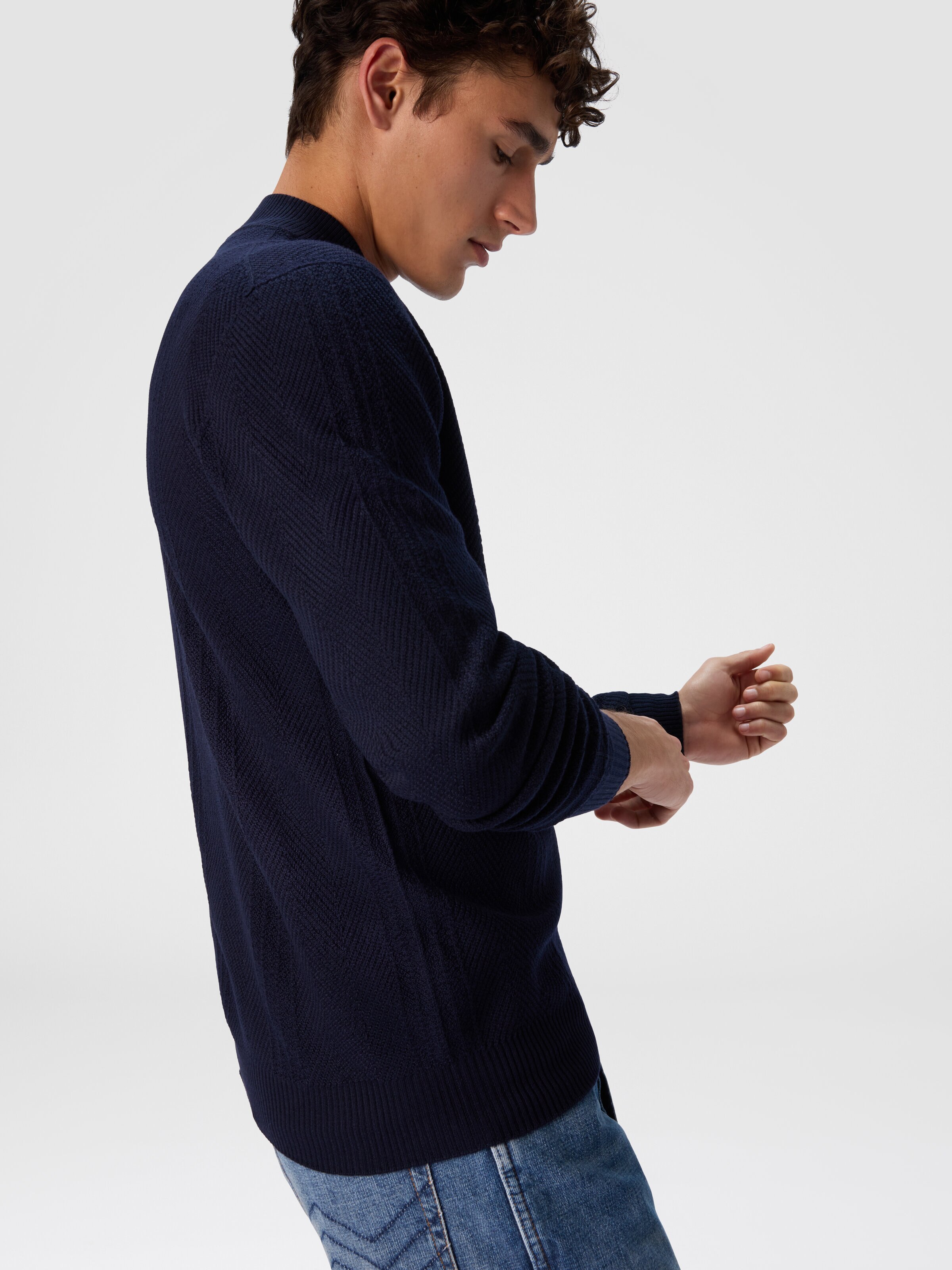 High-Neck Sweater with Tone-on-Tone Chevron Pattern, Navy Blue  - 4