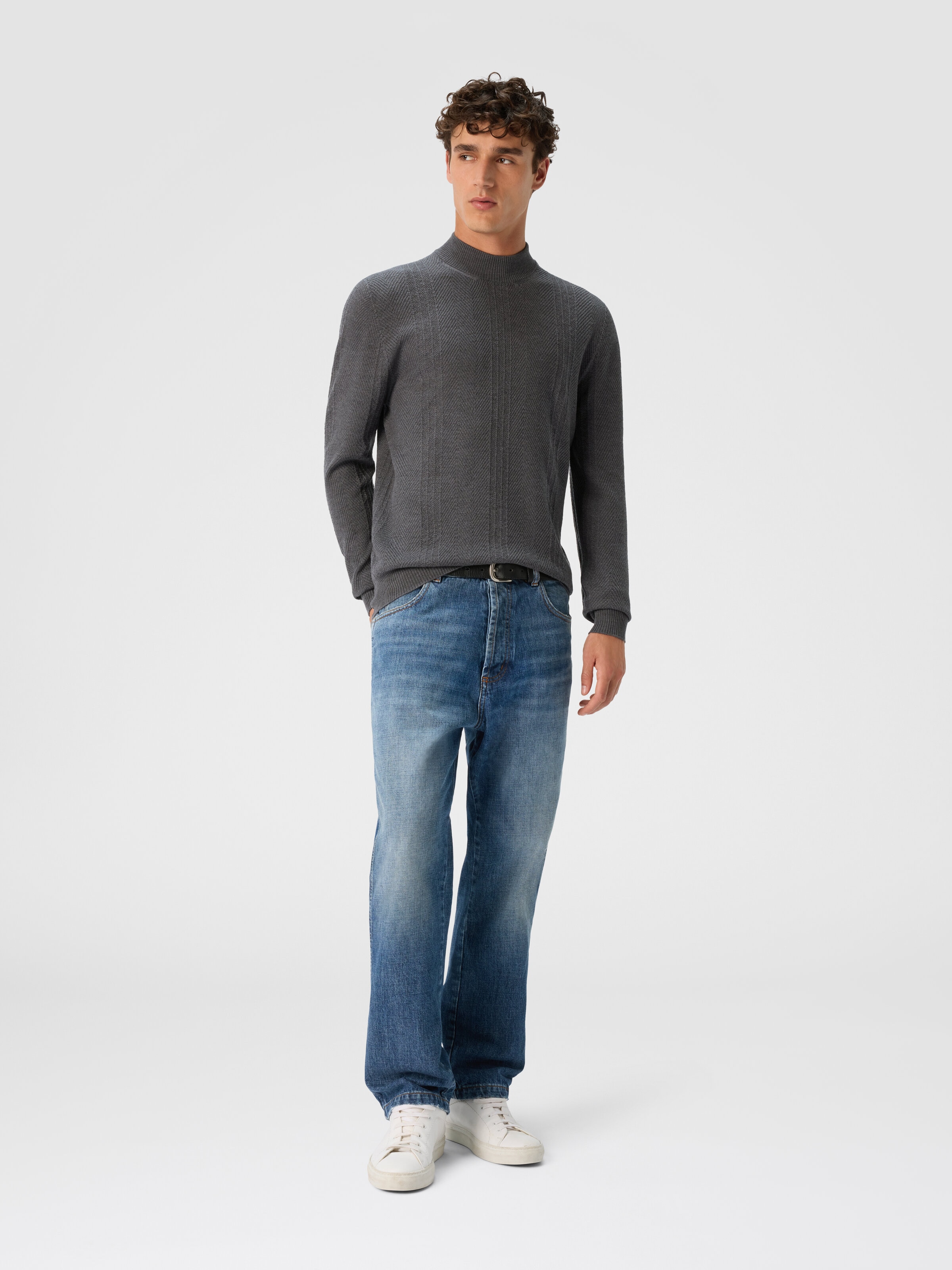 High-Neck Sweater with Tone-on-Tone Chevron Pattern, Grey - 1