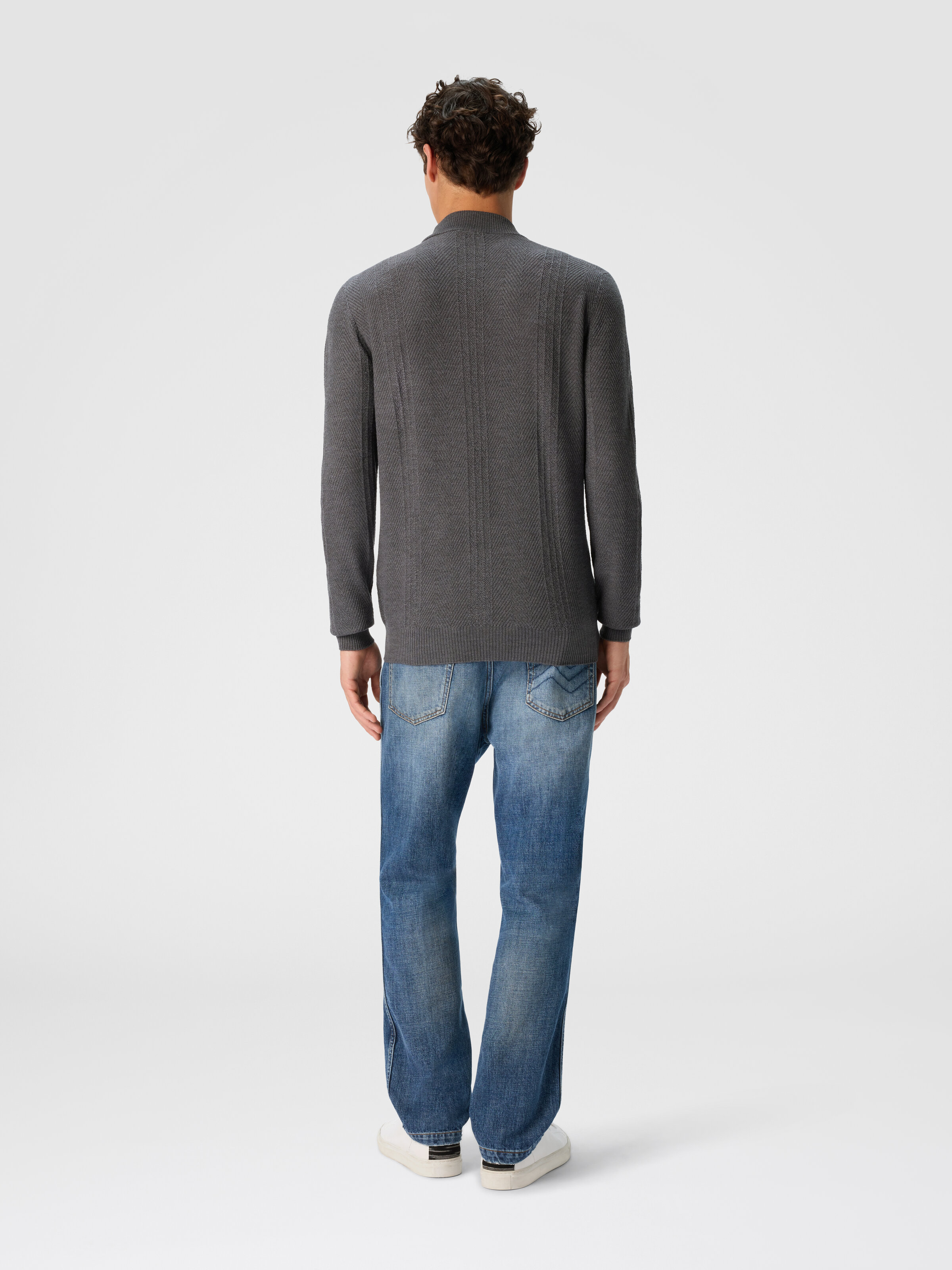 High-Neck Sweater with Tone-on-Tone Chevron Pattern, Grey - 2