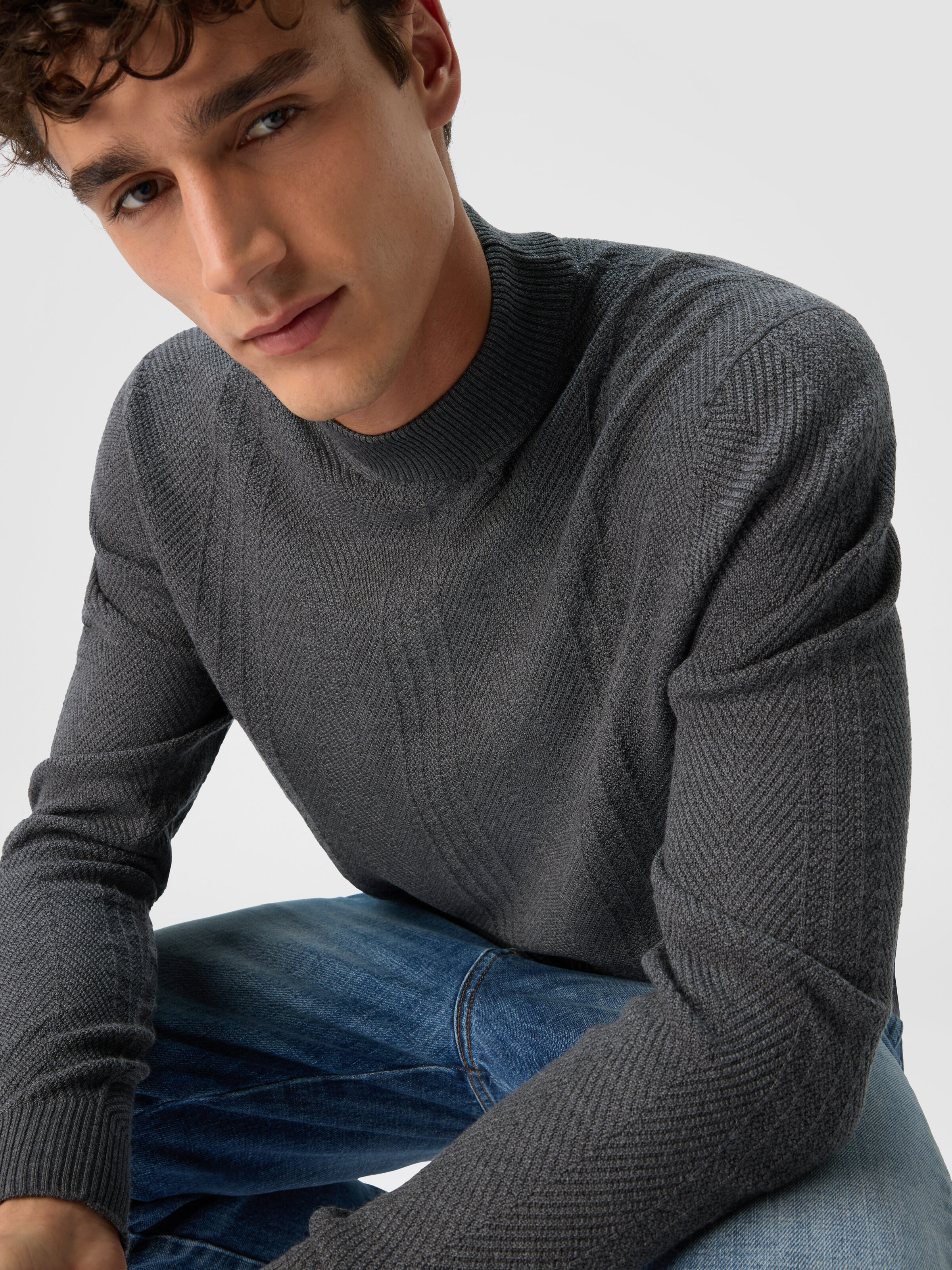 High-Neck Sweater with Tone-on-Tone Chevron Pattern, Grey - 3