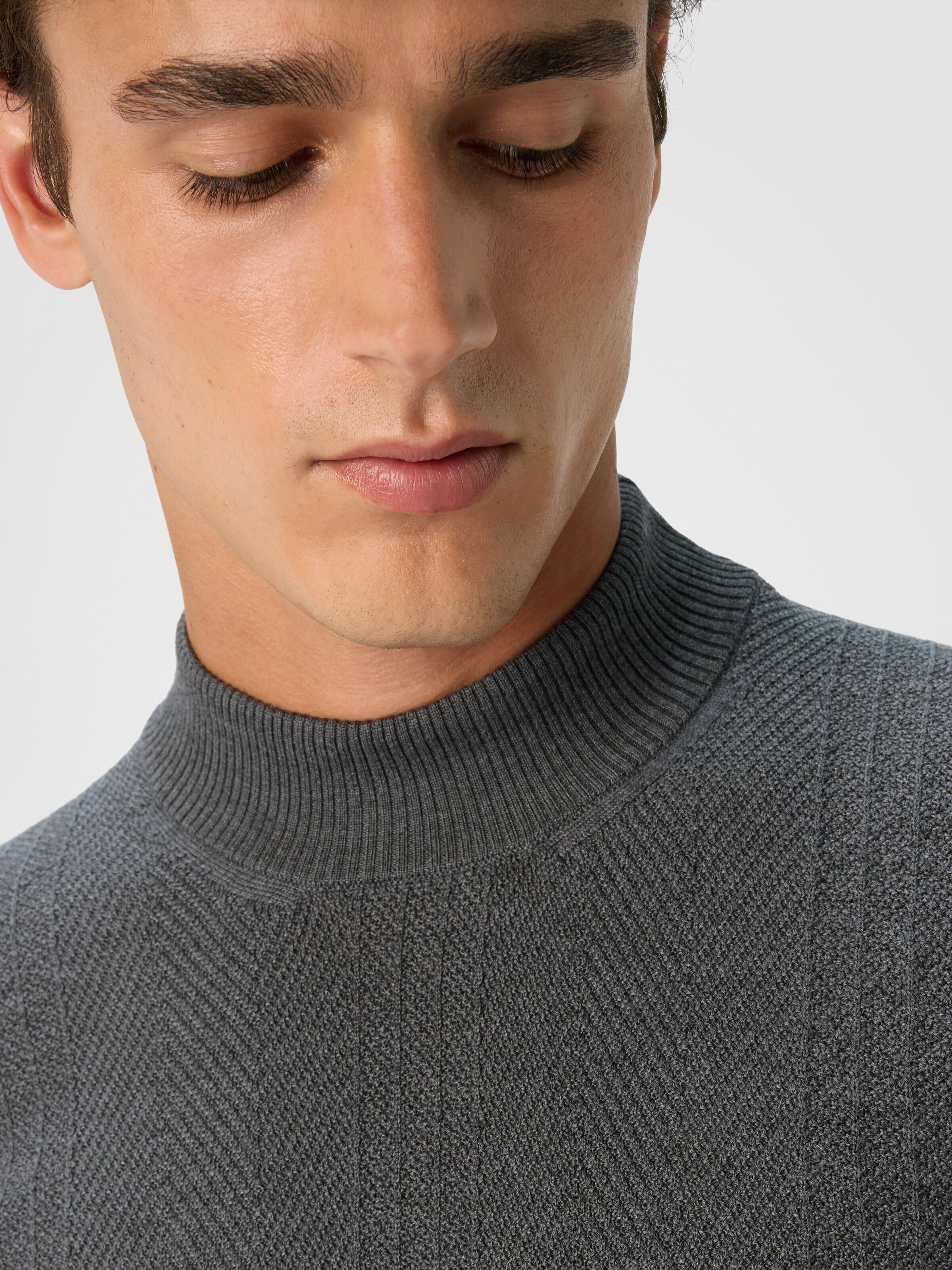 High-Neck Sweater with Tone-on-Tone Chevron Pattern, Grey - 4