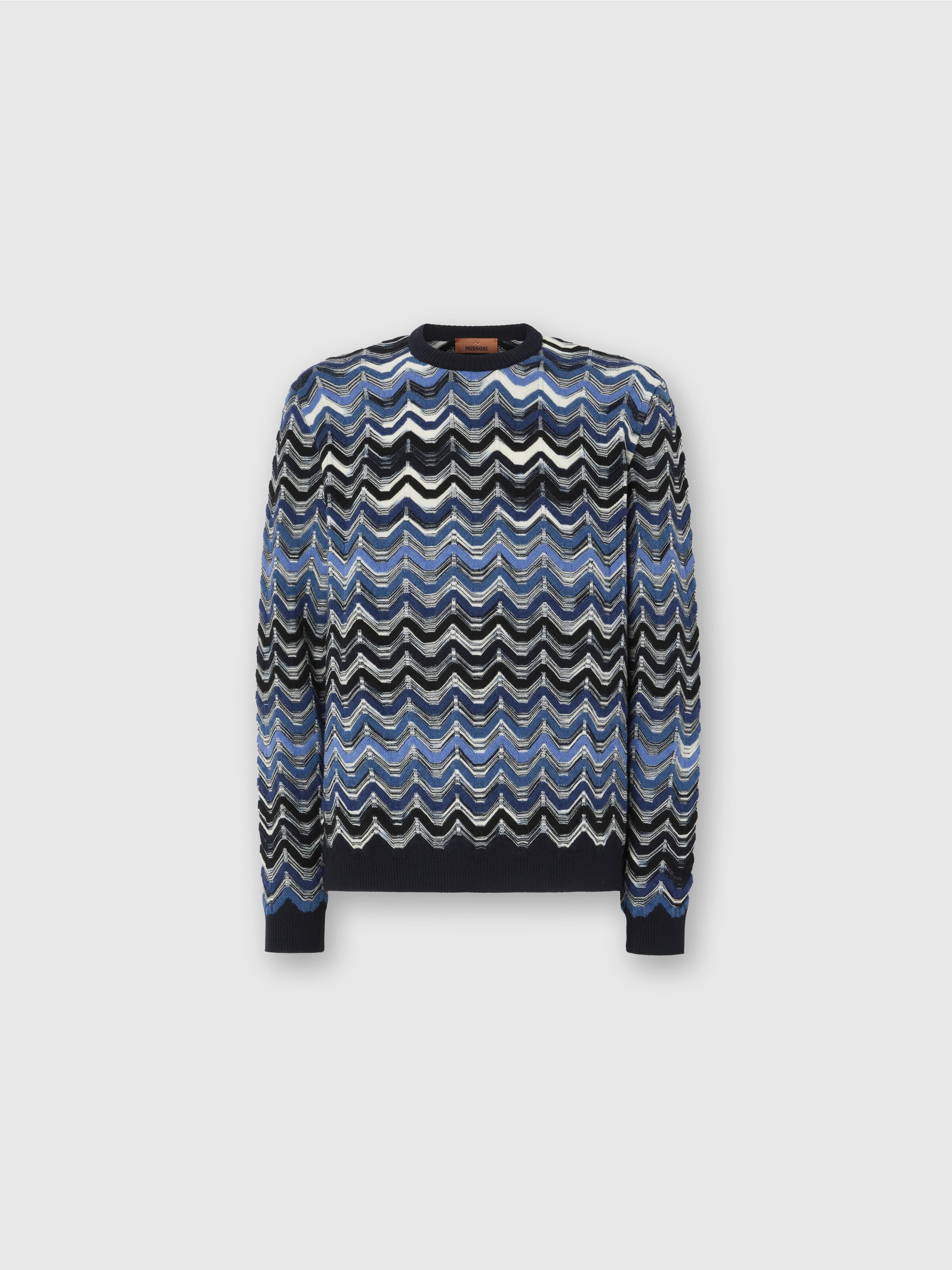 Crew Neck Sweater with Geometric Zigzag Pattern, Blue - 0