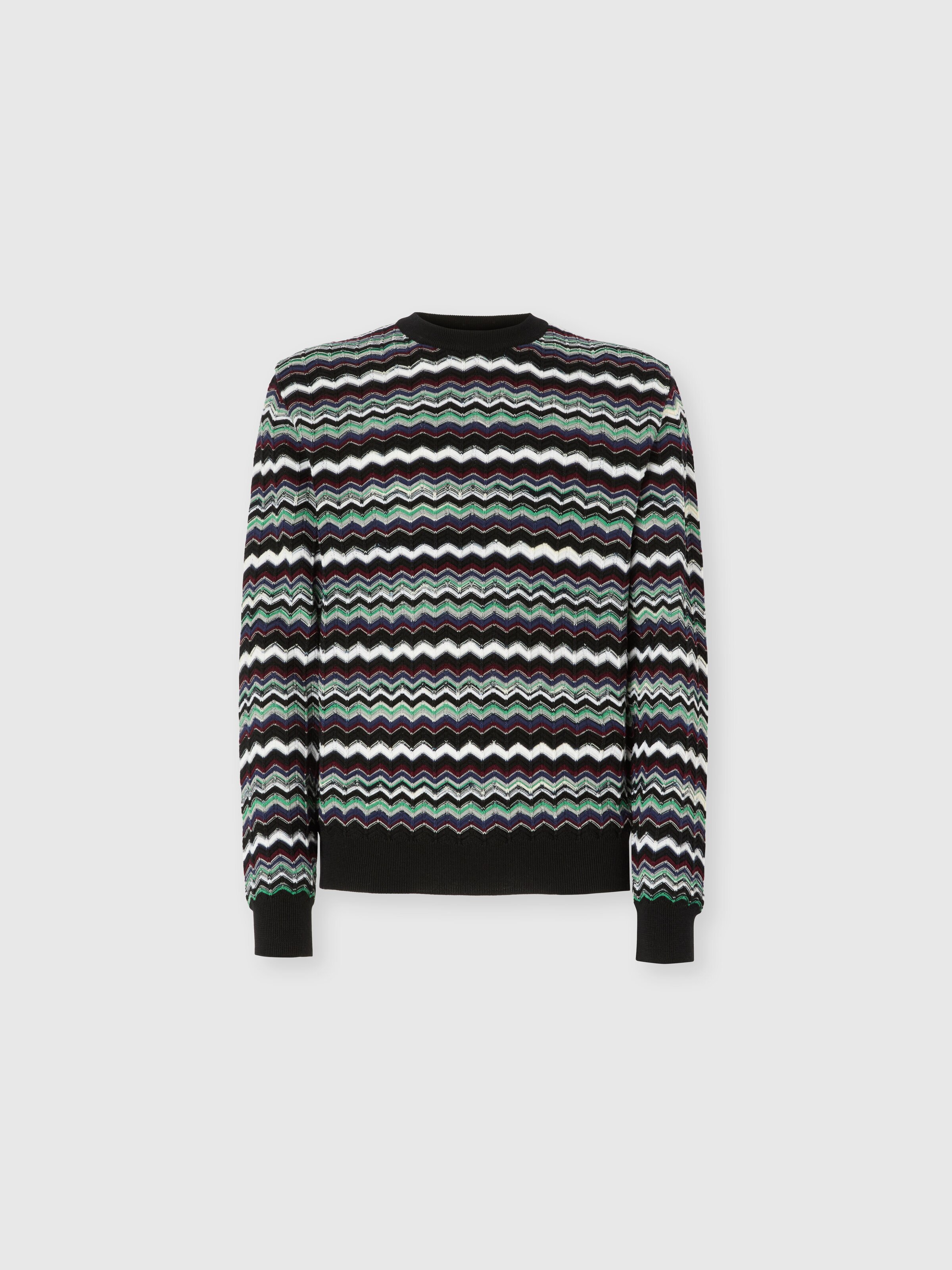 Crew Neck Sweater with Zigzag Pattern, Blue & Green - 0
