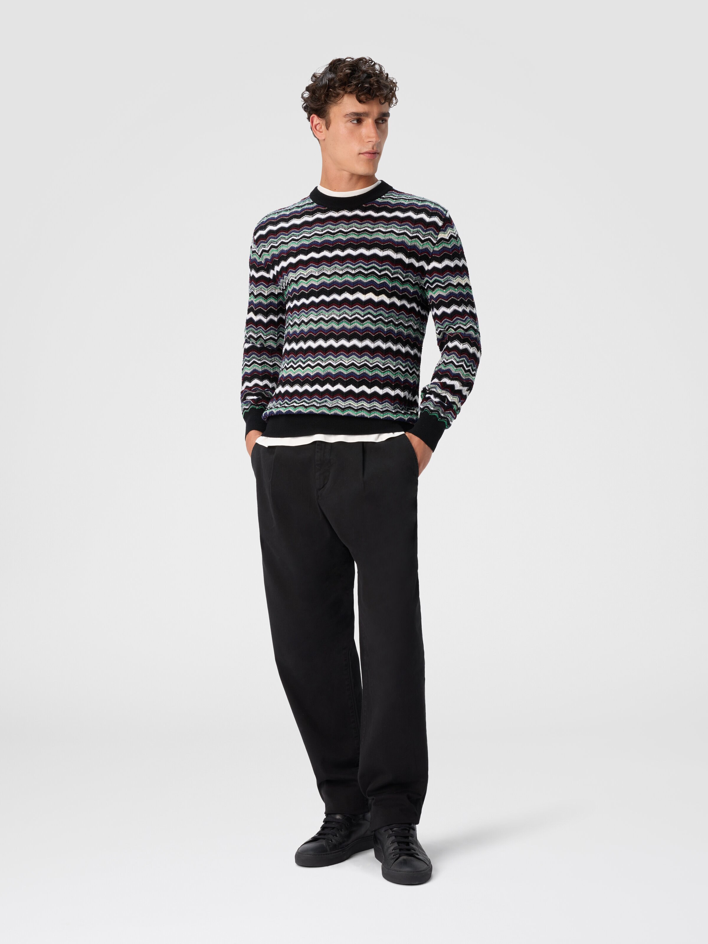 Crew Neck Sweater with Zigzag Pattern, Blue & Green - 1