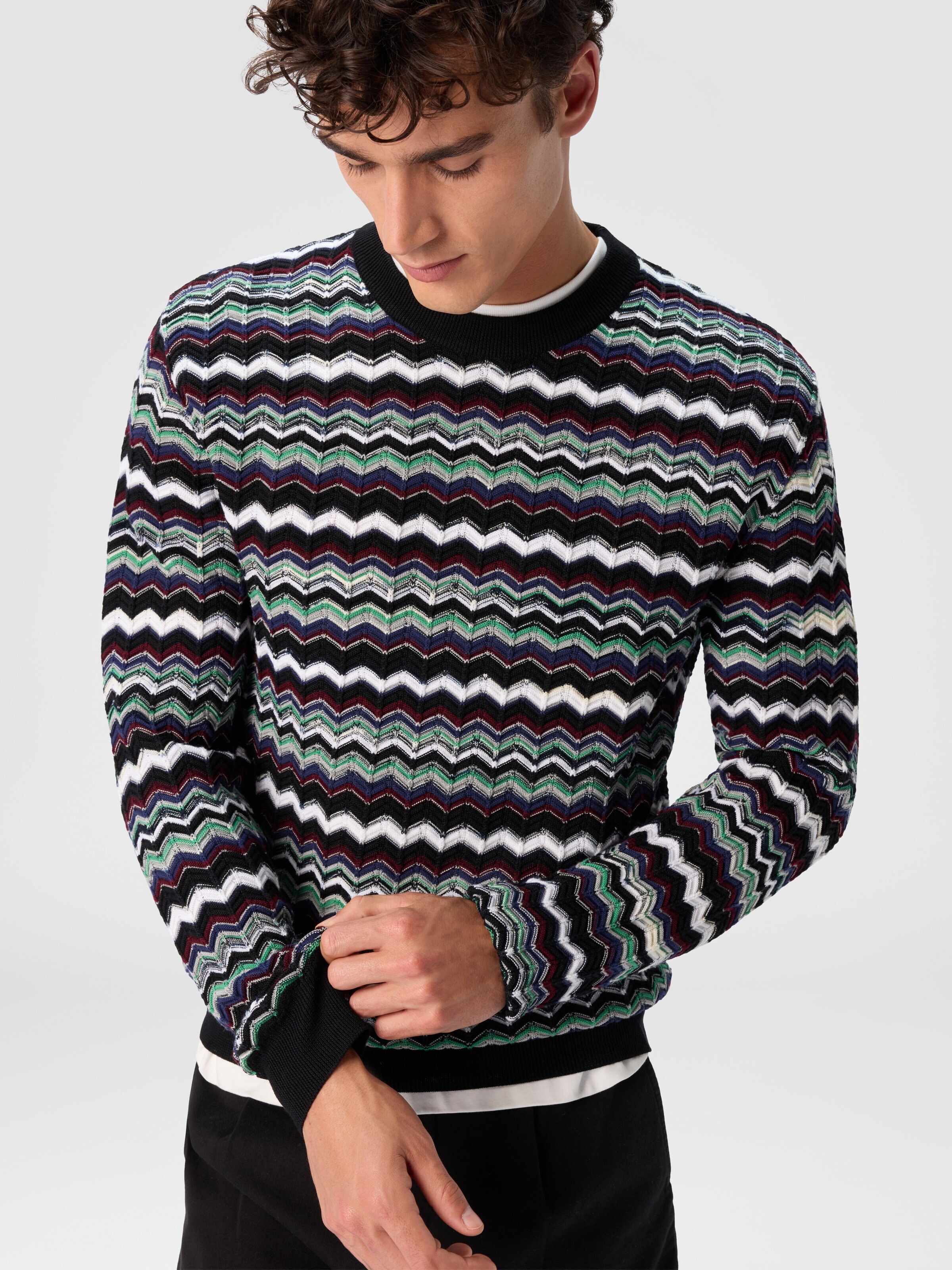 Crew Neck Sweater with Zigzag Pattern, Blue & Green - 3