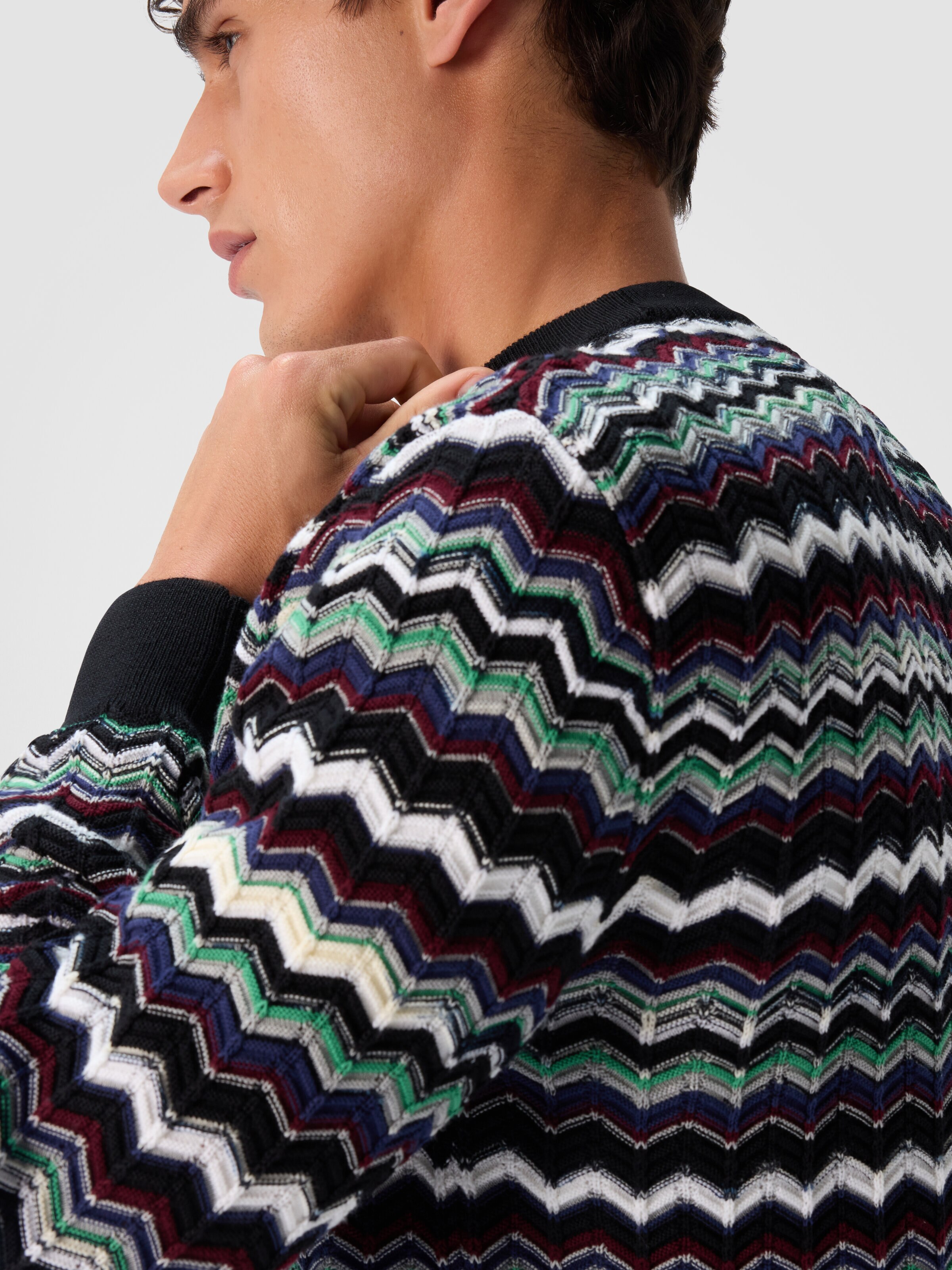 Crew Neck Sweater with Zigzag Pattern, Blue & Green - 4