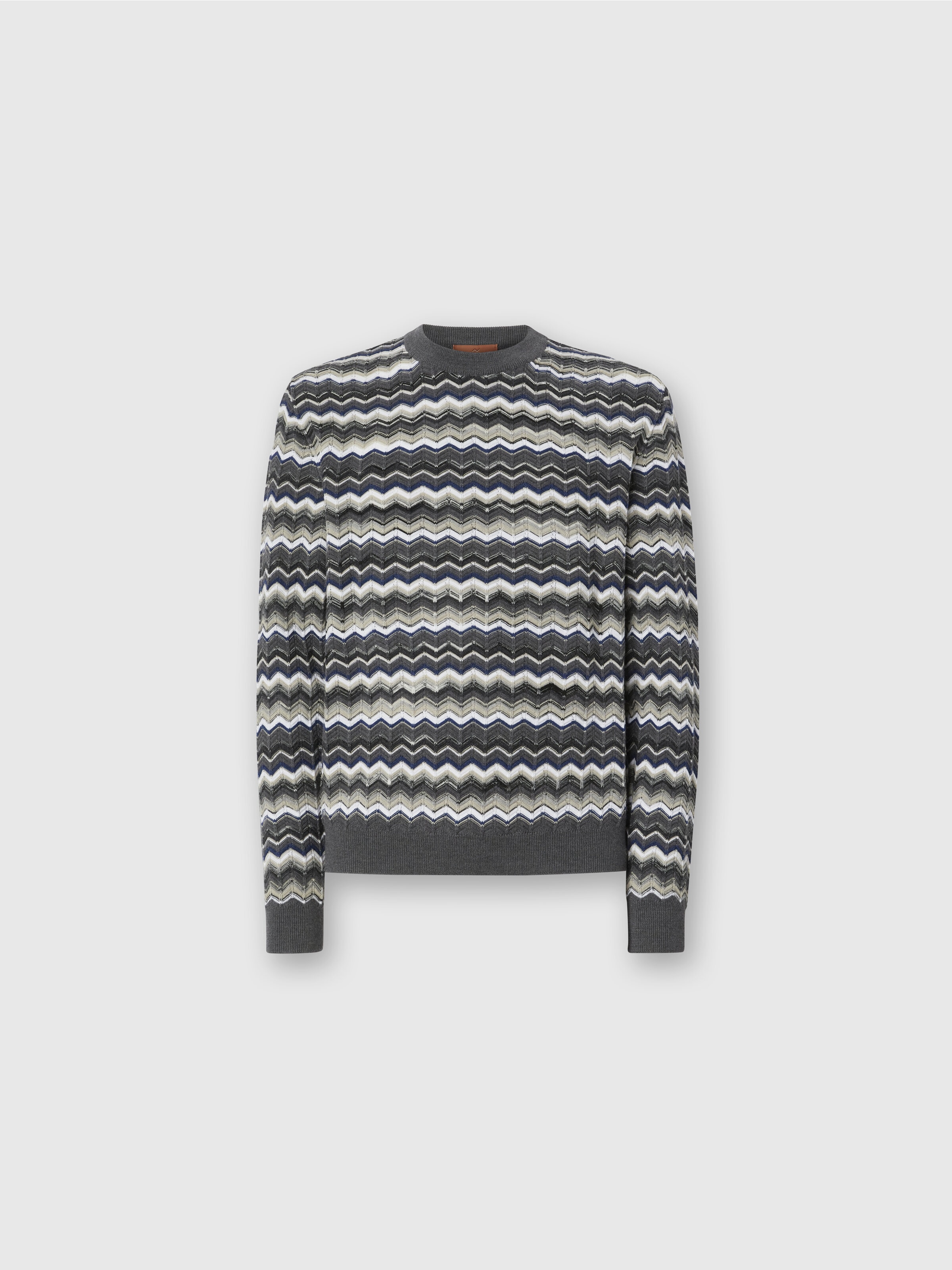 Crew Neck Sweater with Zigzag Pattern, Grey & Beige - 0