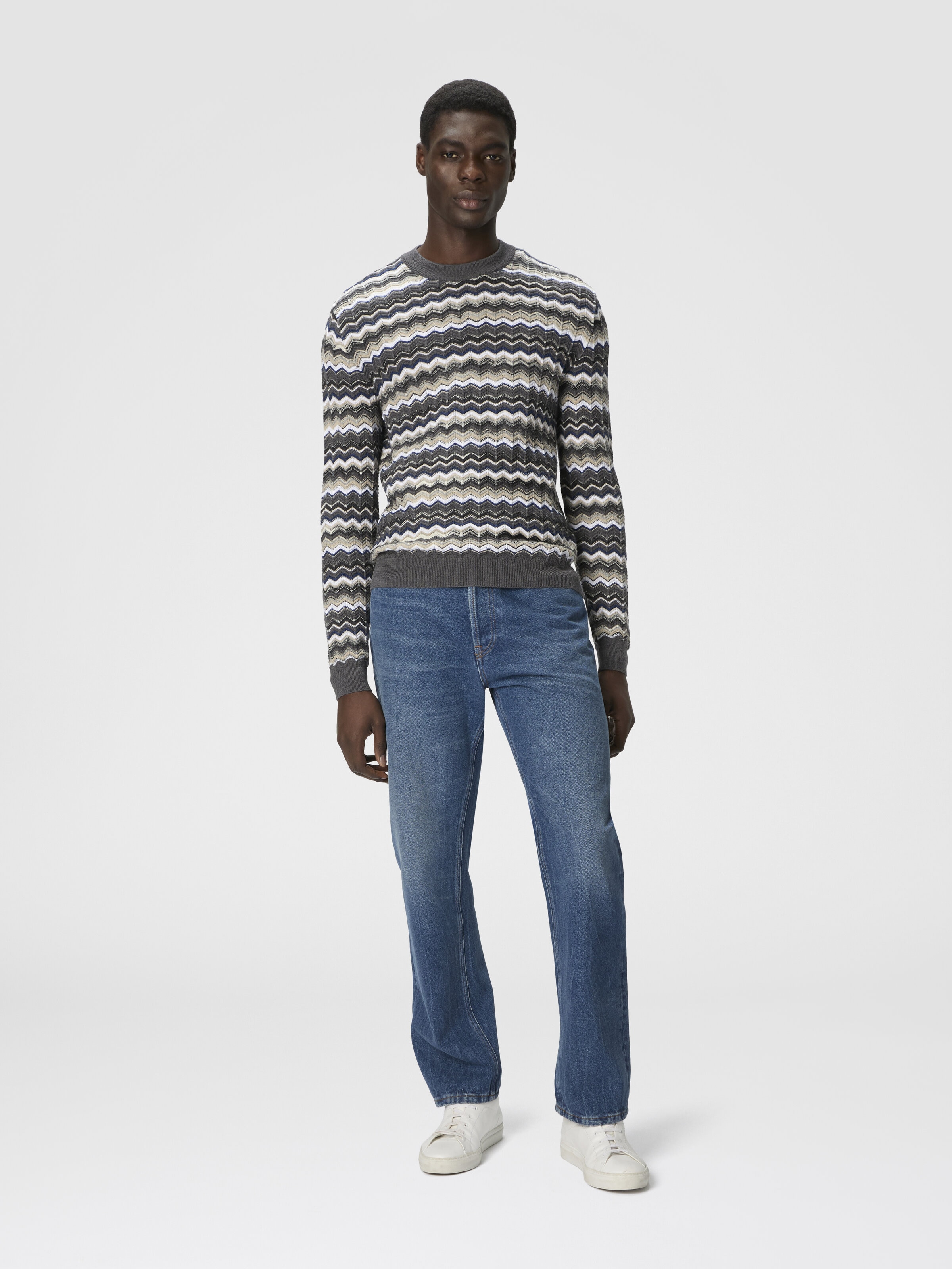 Crew Neck Sweater with Zigzag Pattern, Grey & Beige - 1