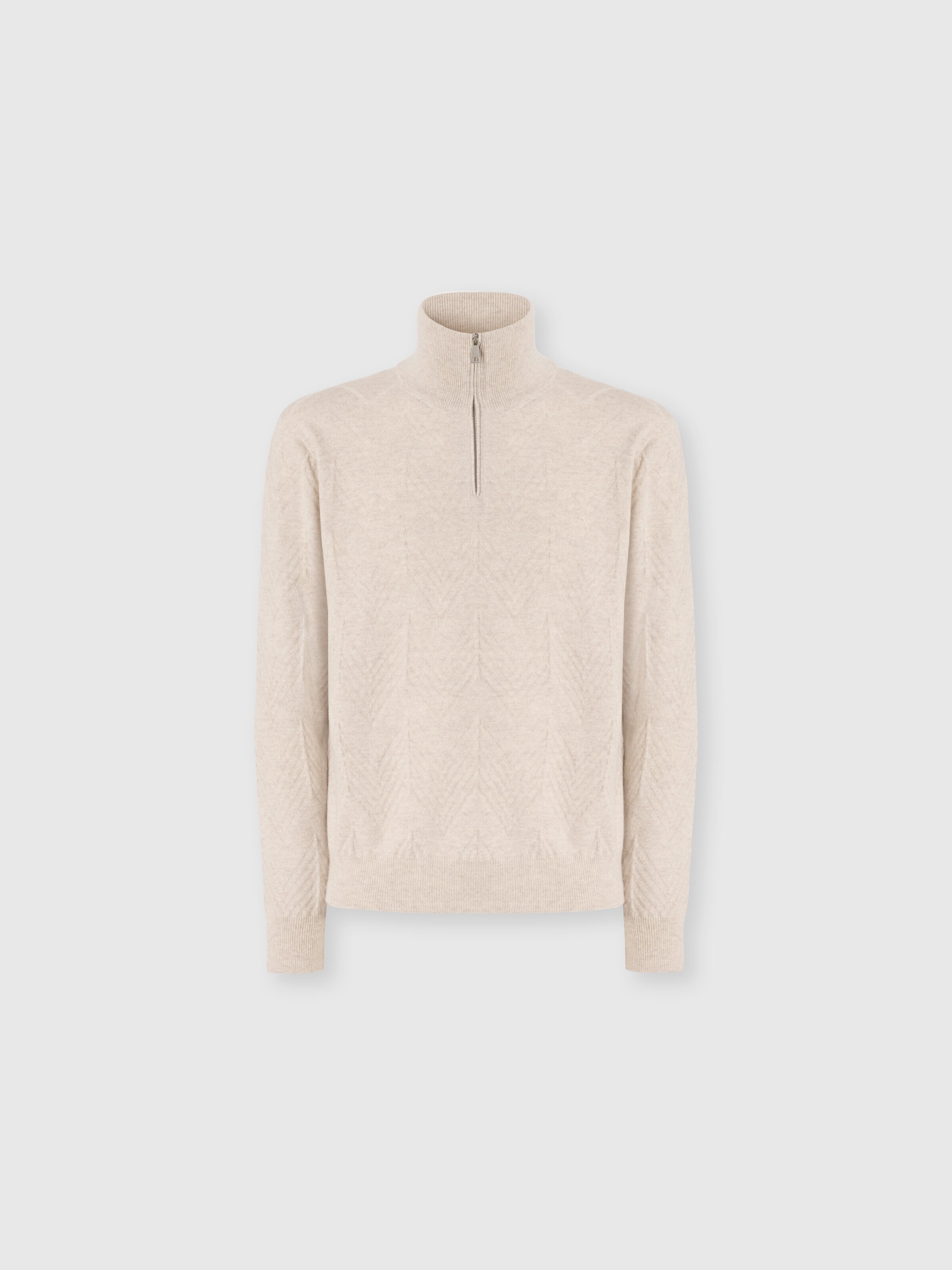 Half-Zip Sweater with Tone-on-Tone Zigzag Pattern, Beige - 0