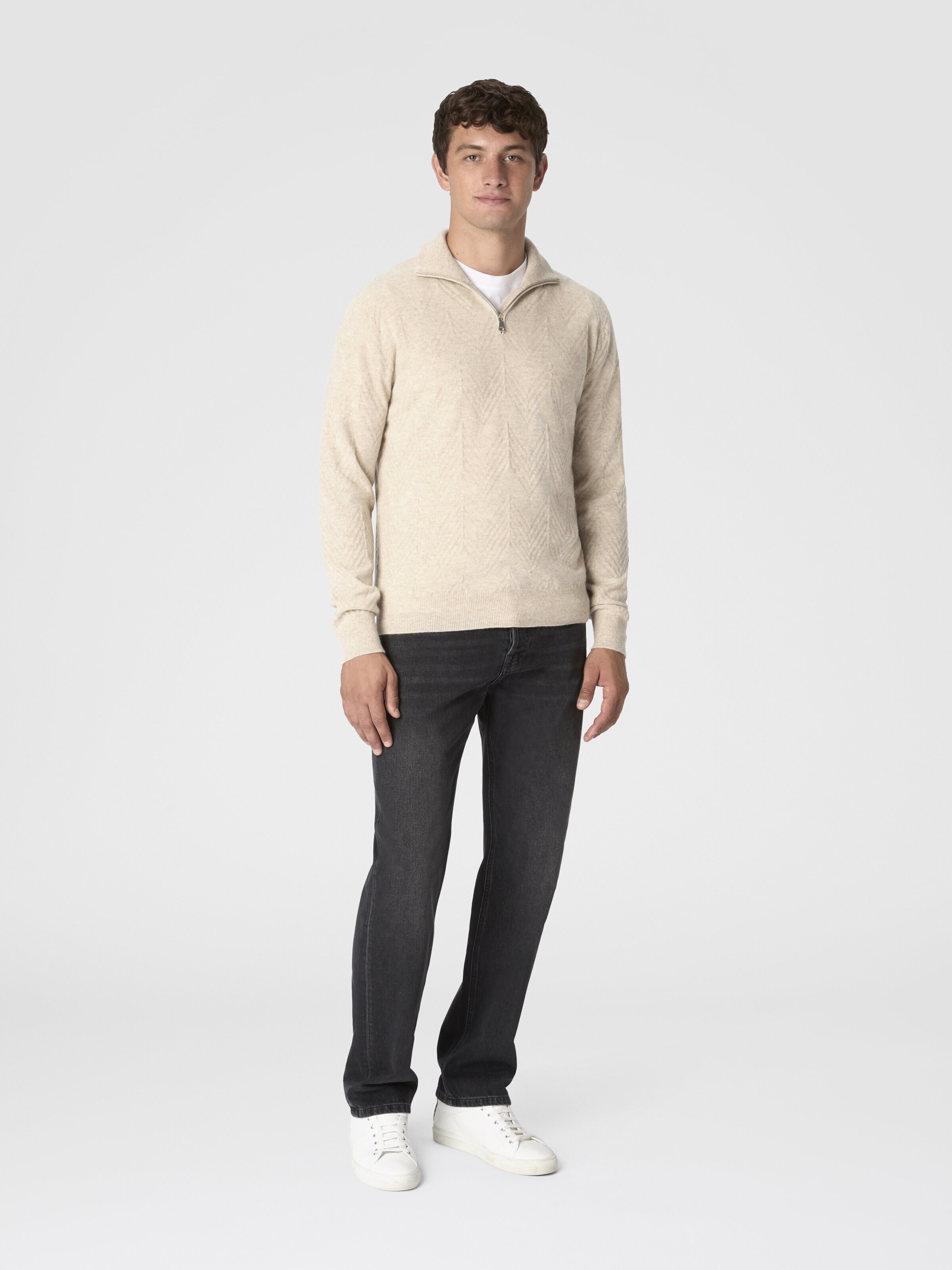 Half-Zip Sweater with Tone-on-Tone Zigzag Pattern, Beige - 1