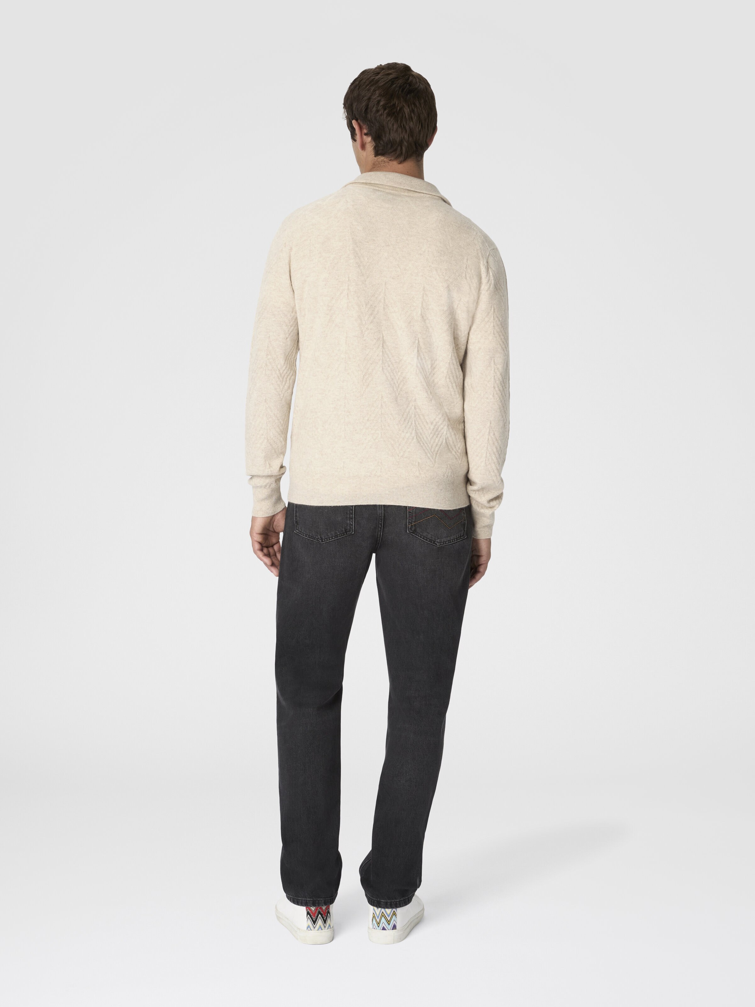 Half-Zip Sweater with Tone-on-Tone Zigzag Pattern, Beige - 2