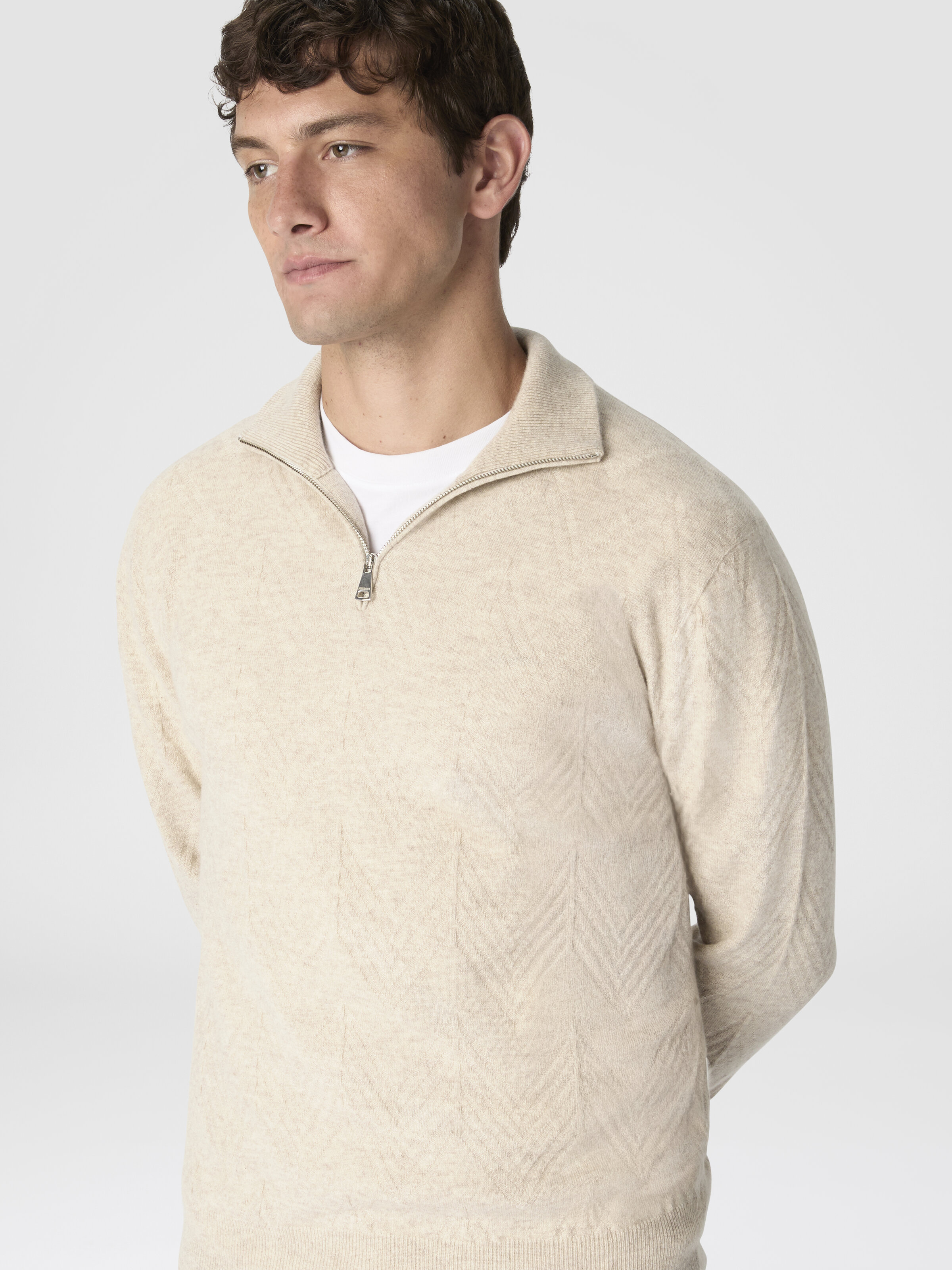 Half-Zip Sweater with Tone-on-Tone Zigzag Pattern, Beige - 3