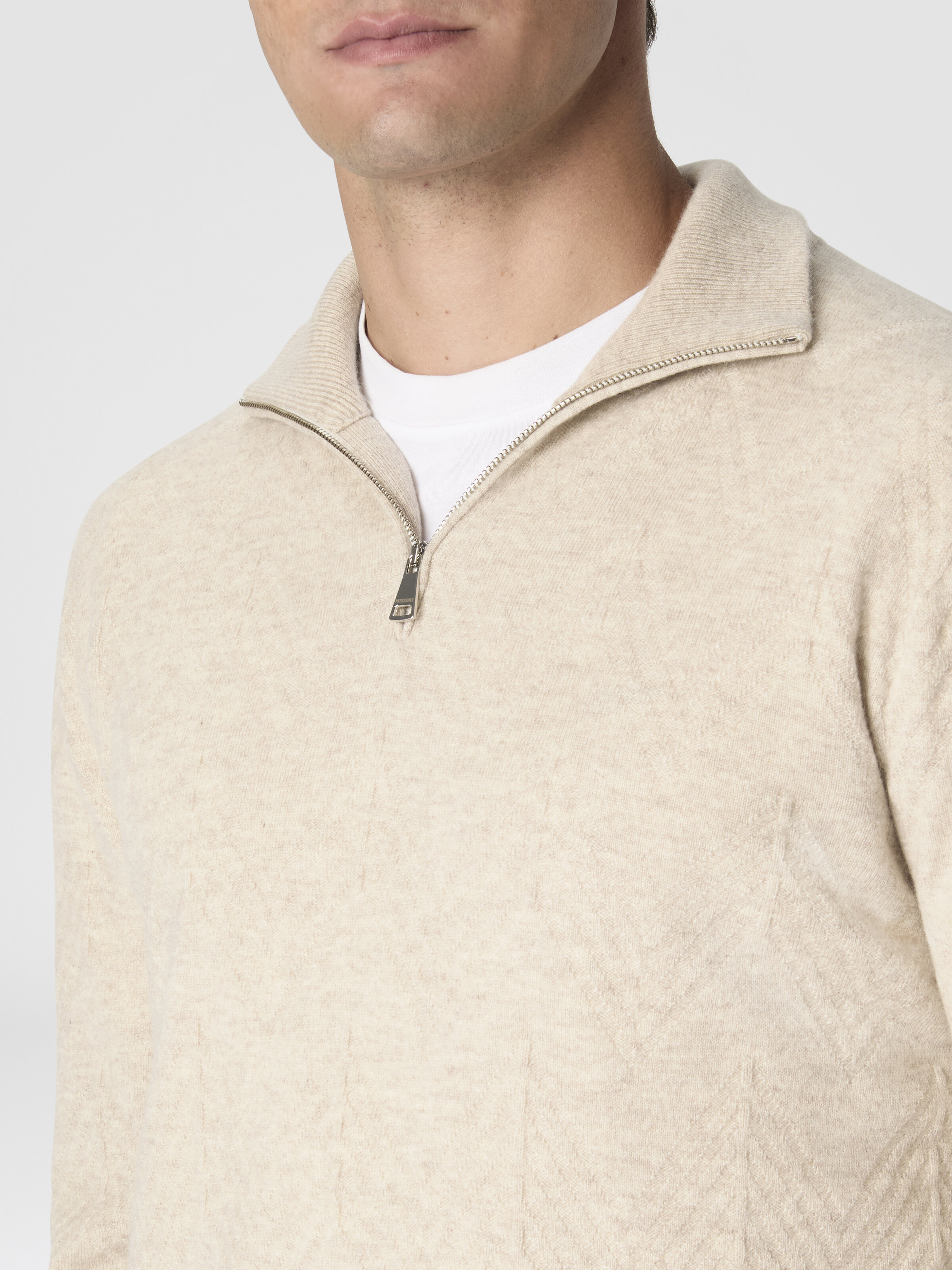 Half-Zip Sweater with Tone-on-Tone Zigzag Pattern, Beige - 4