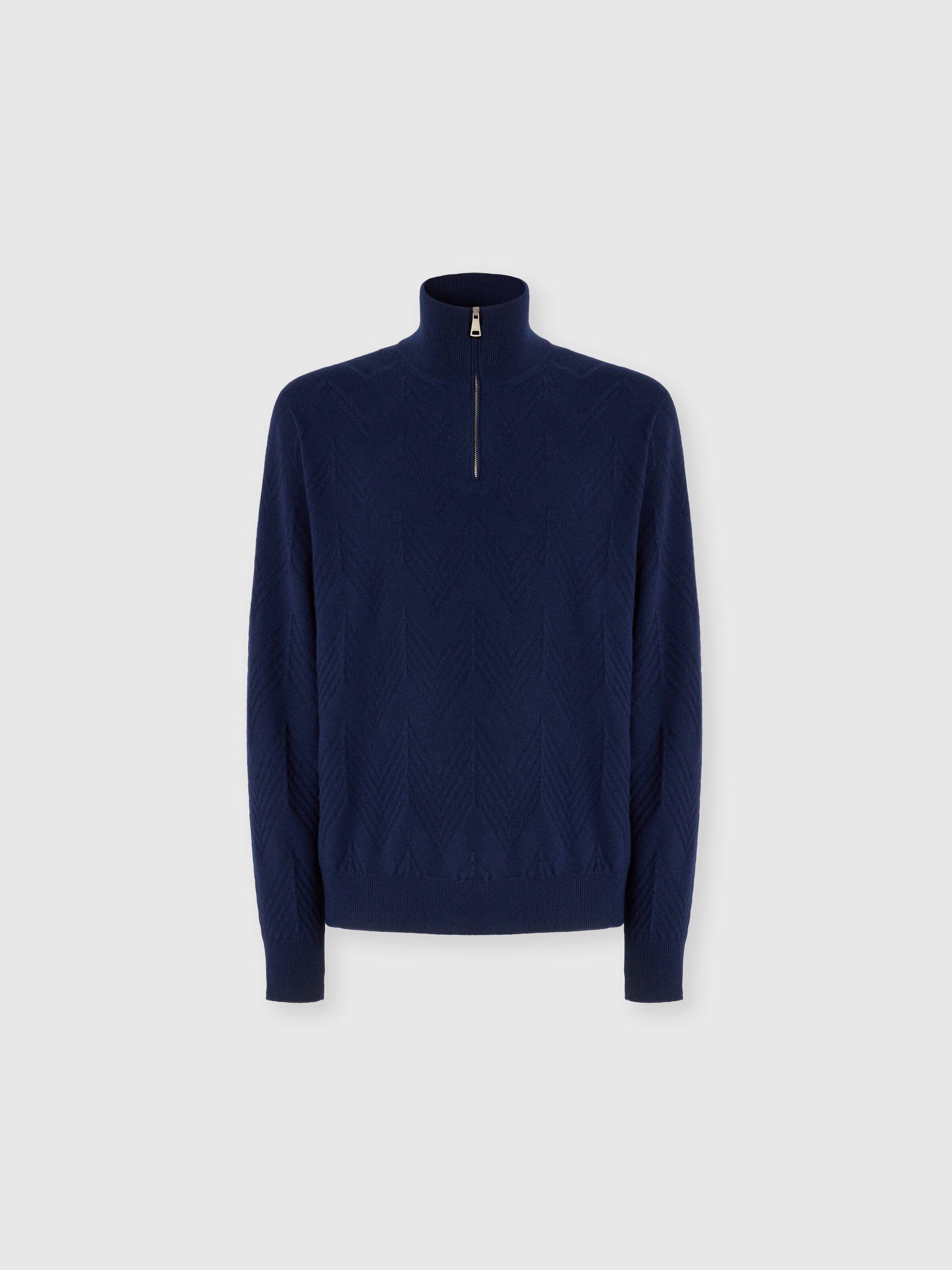 Half-Zip Sweater with Tone-on-Tone Zigzag Pattern, Blue - 0