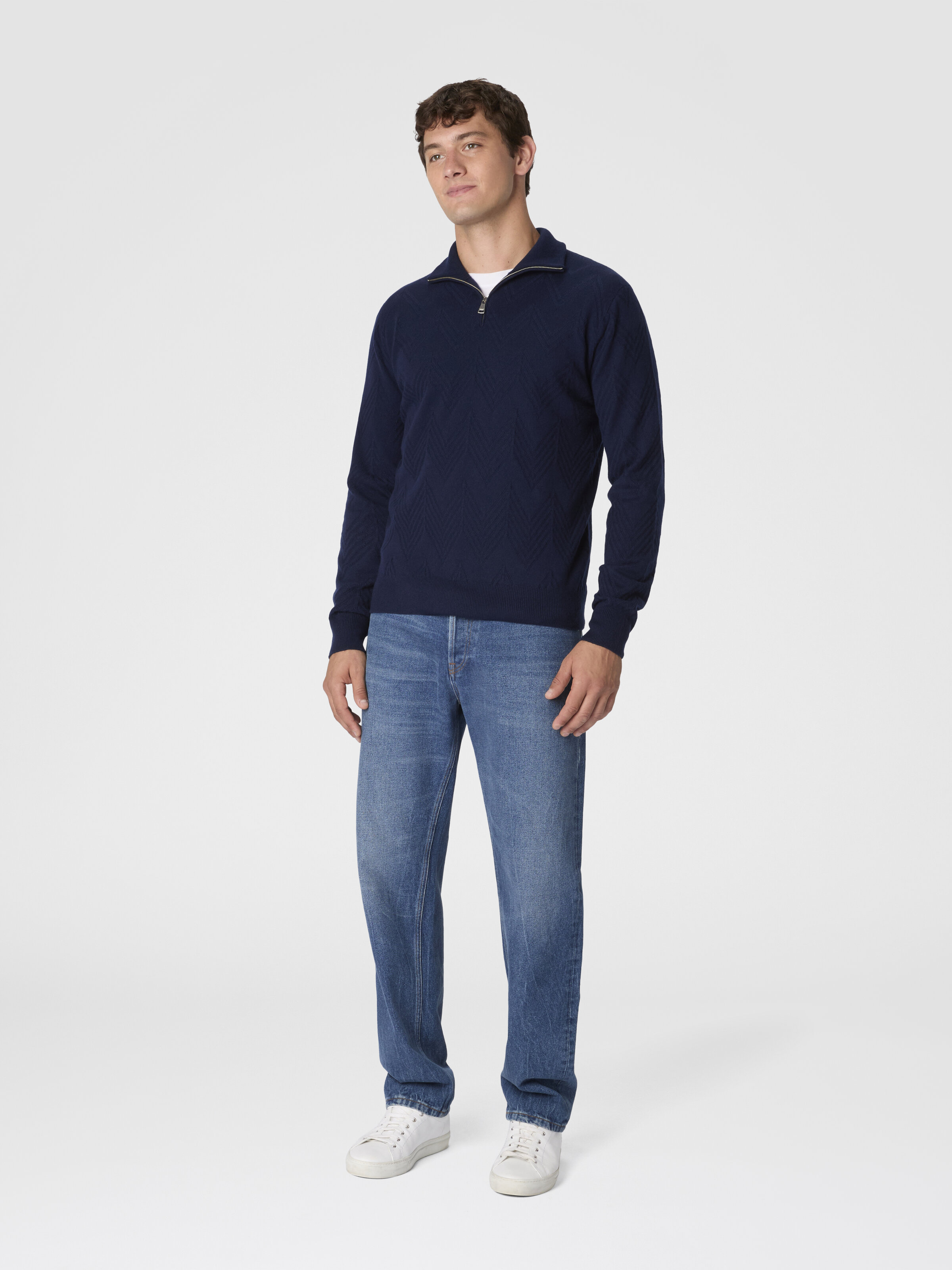 Half-Zip Sweater with Tone-on-Tone Zigzag Pattern, Blue - 1