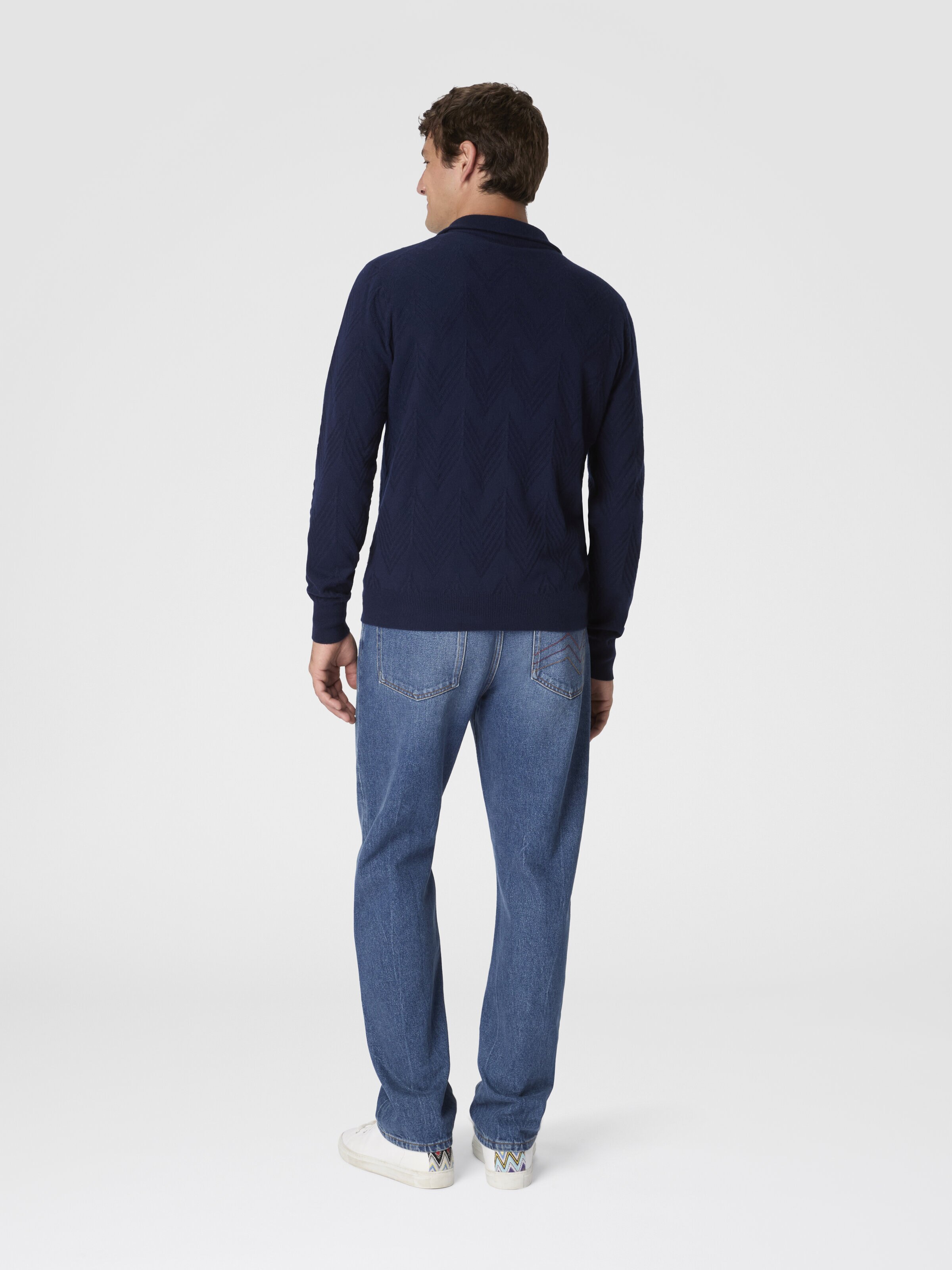 Half-Zip Sweater with Tone-on-Tone Zigzag Pattern, Blue - 2