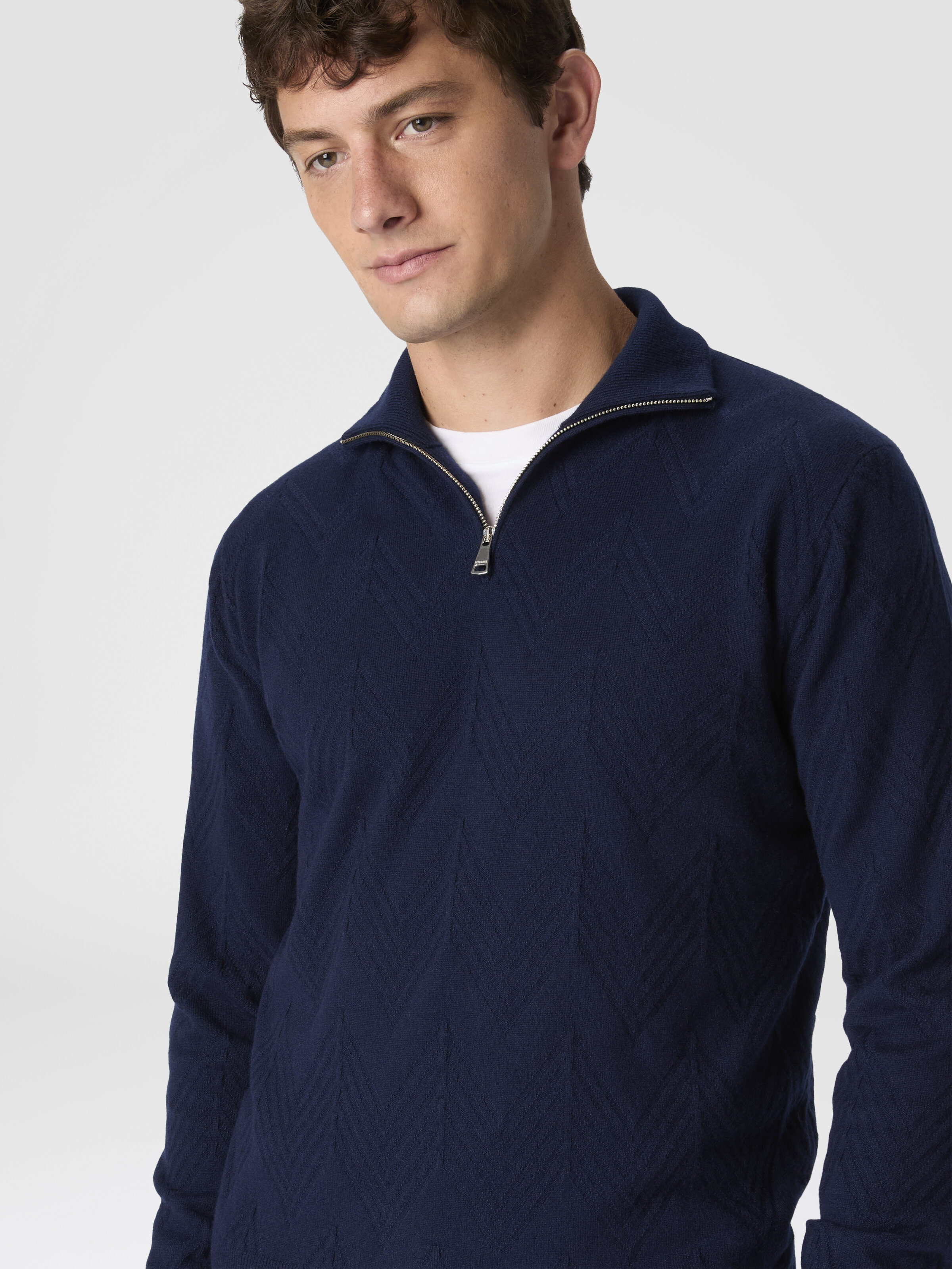 Half-Zip Sweater with Tone-on-Tone Zigzag Pattern, Blue - 3
