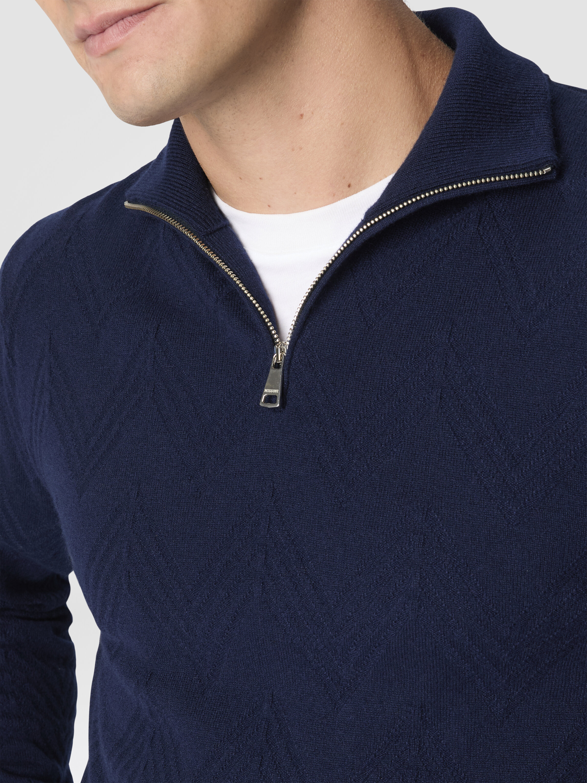 Half-Zip Sweater with Tone-on-Tone Zigzag Pattern, Blue - 4