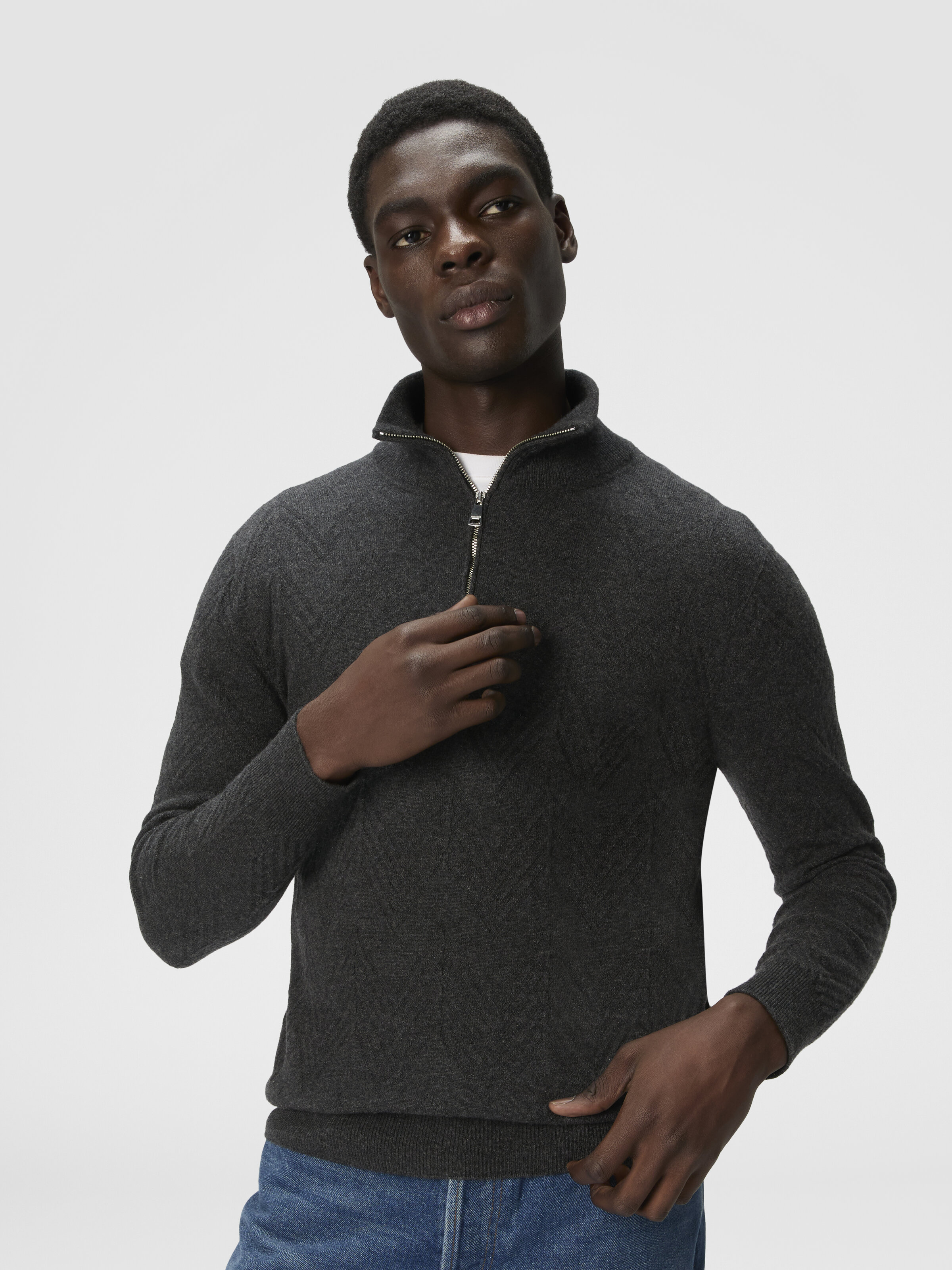 Half-Zip-Pullover mit Ton-in-Ton-Zickzackmuster, Grau - 3