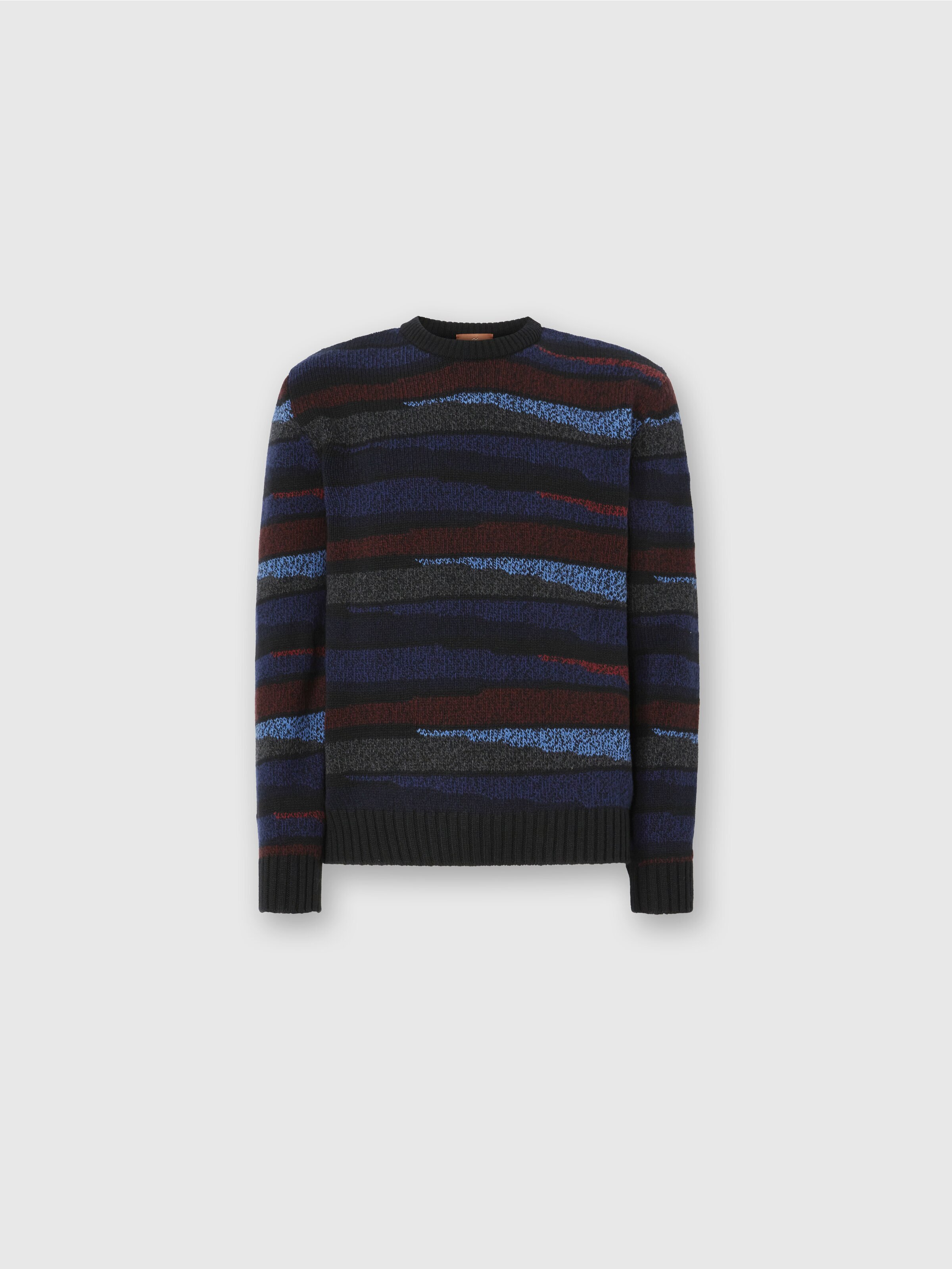 Rundhalspullover mit Streifenintarsie, Marineblau & Burgund - 0