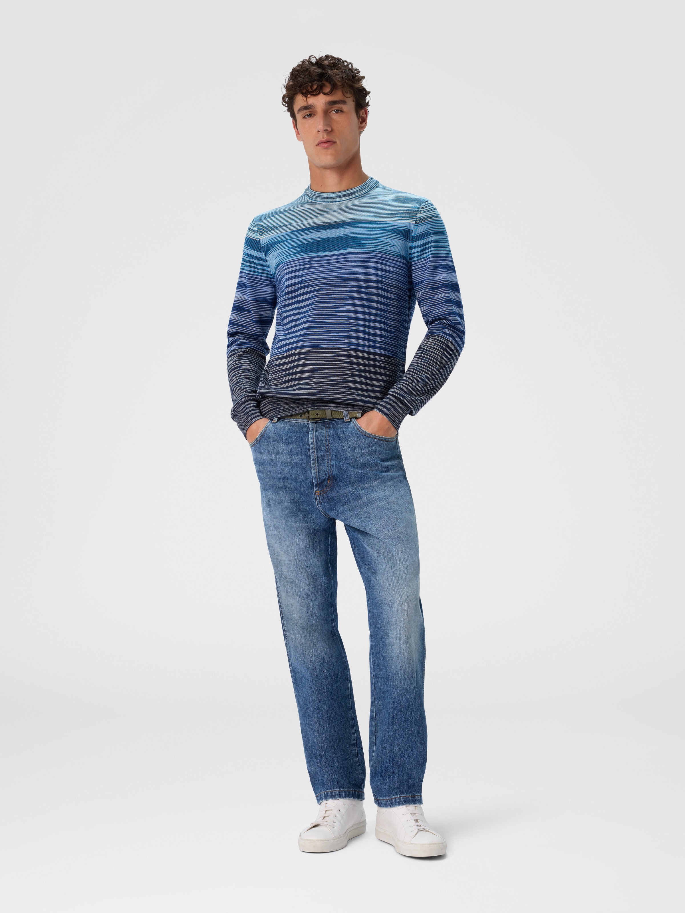 Crew Neck Sweater in Pure Flame Wool, Blue - 1