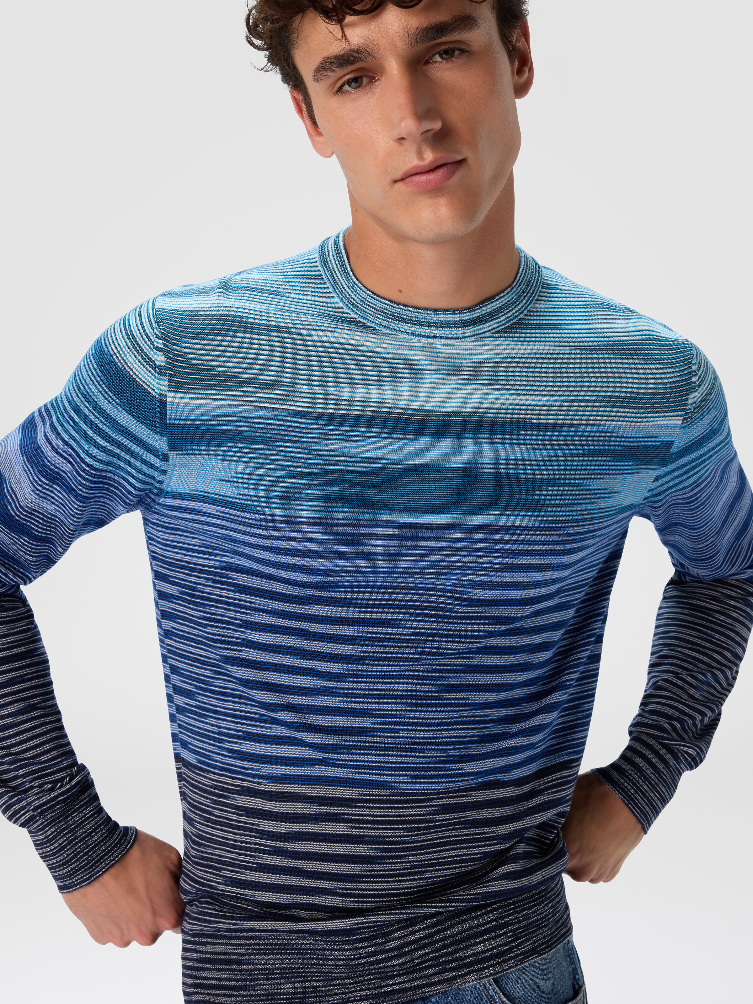 Crew Neck Sweater in Pure Flame Wool, Blue - 3