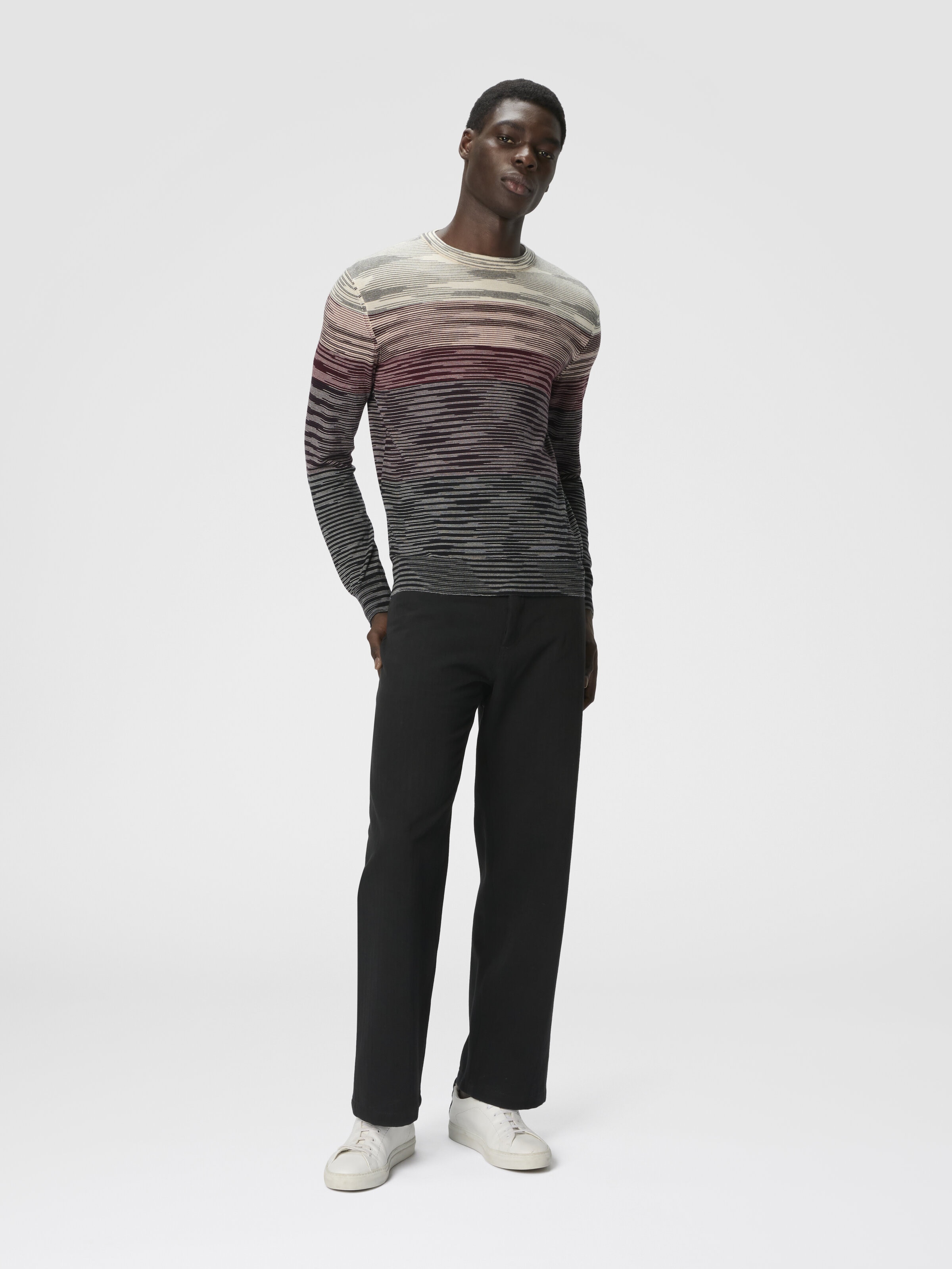 Crew Neck Sweater in Pure Flame Wool, Beige & Burgundy - 1