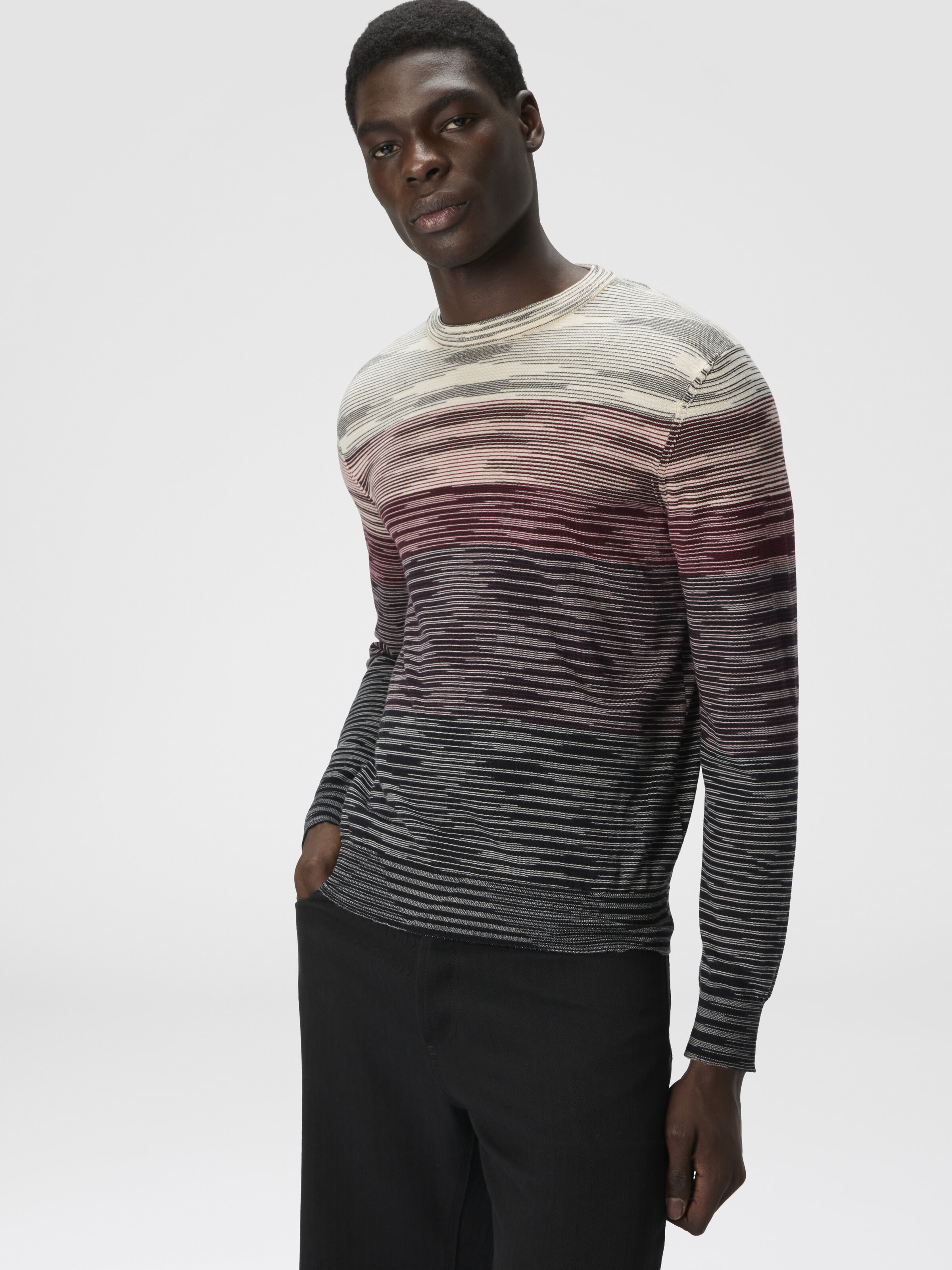 Crew Neck Sweater in Pure Flame Wool, Beige & Burgundy - 3
