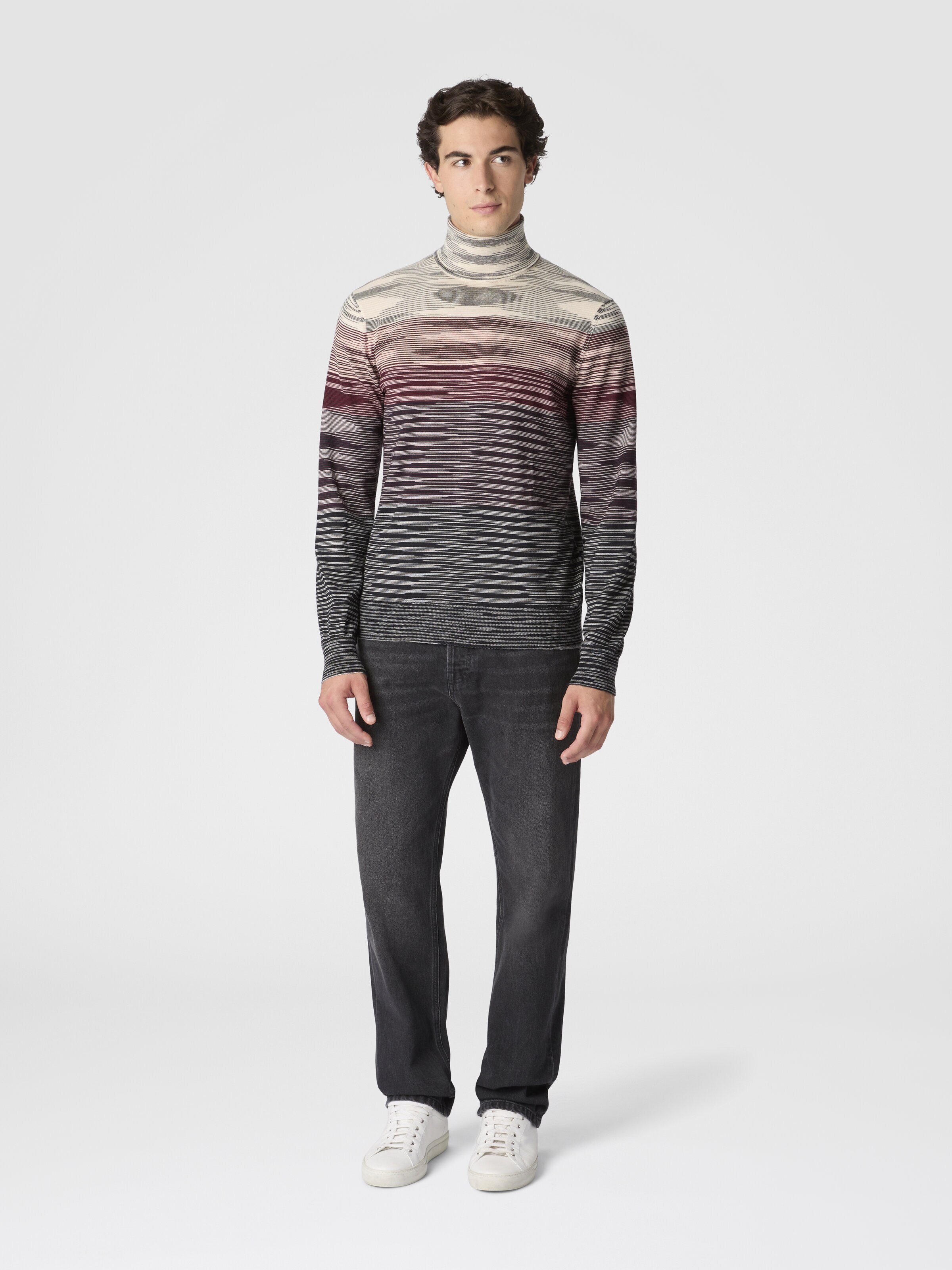High-Neck Sweater in All-Over Flame Wool, Beige & Burgundy - 1