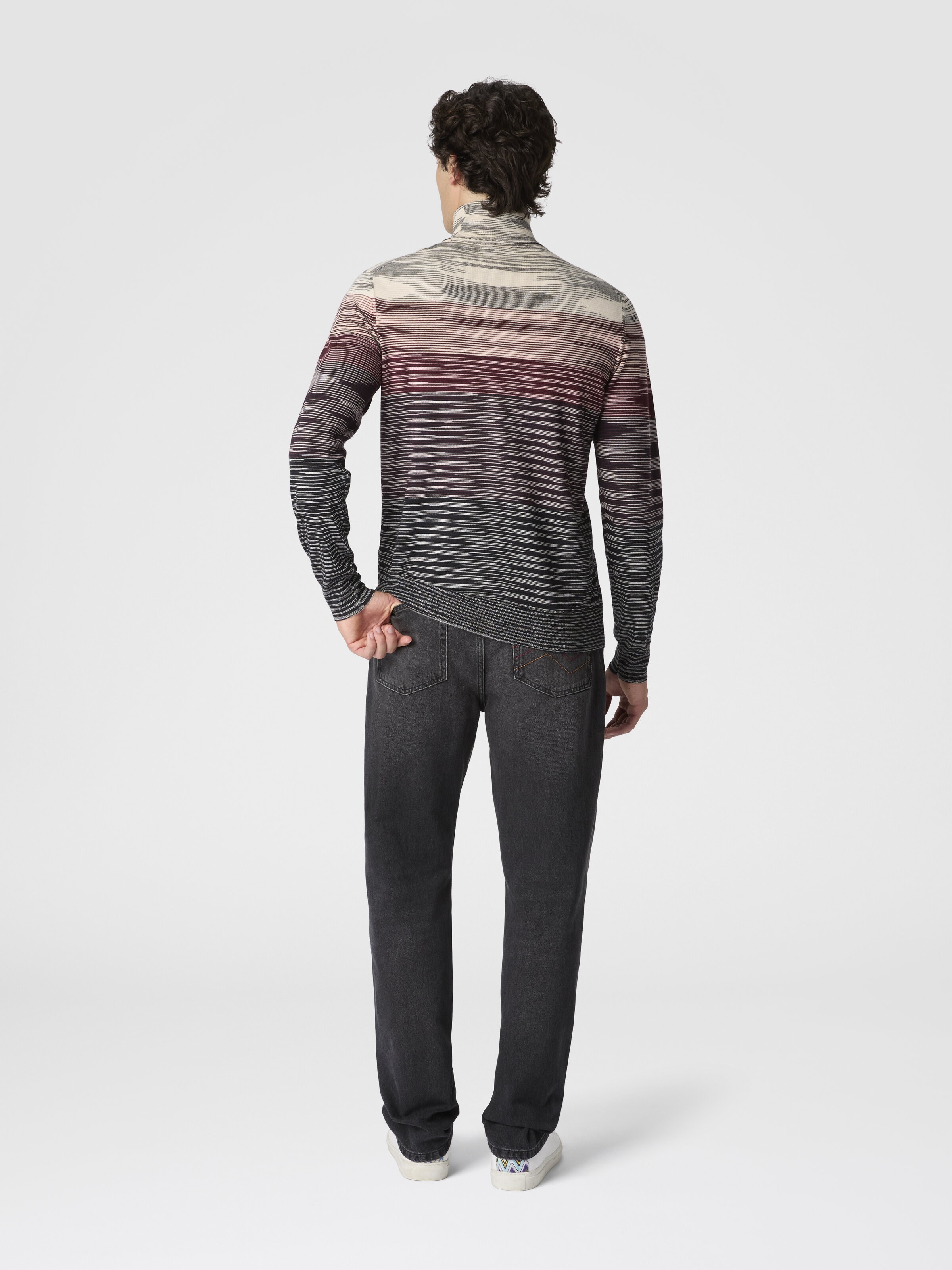 High-Neck Sweater in All-Over Flame Wool, Beige & Burgundy - 2