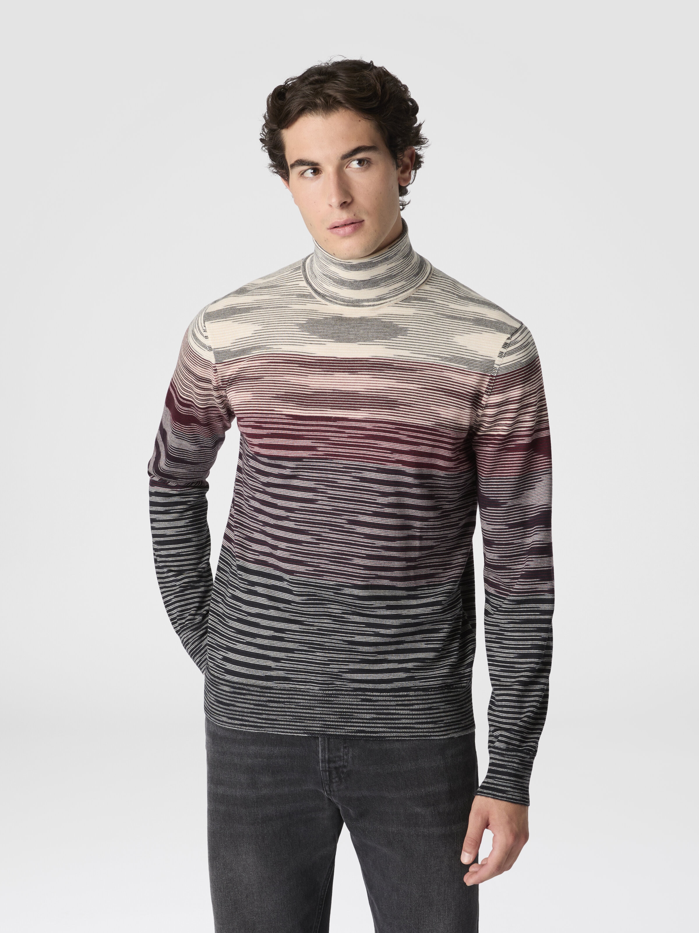 High-Neck Sweater in All-Over Flame Wool, Beige & Burgundy - 3