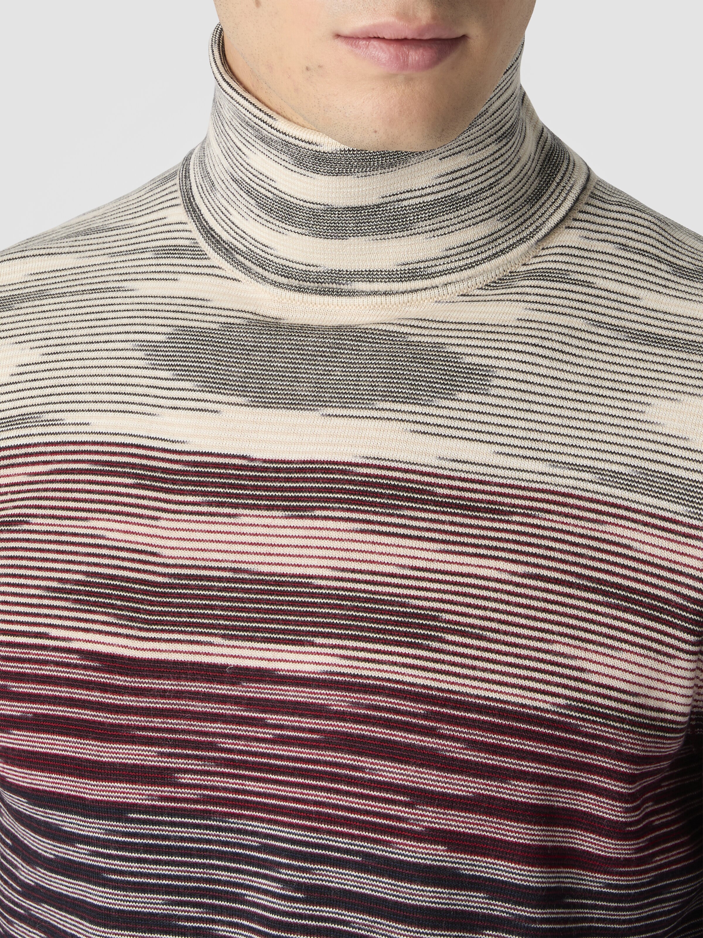 High-Neck Sweater in All-Over Flame Wool, Beige & Burgundy - 4