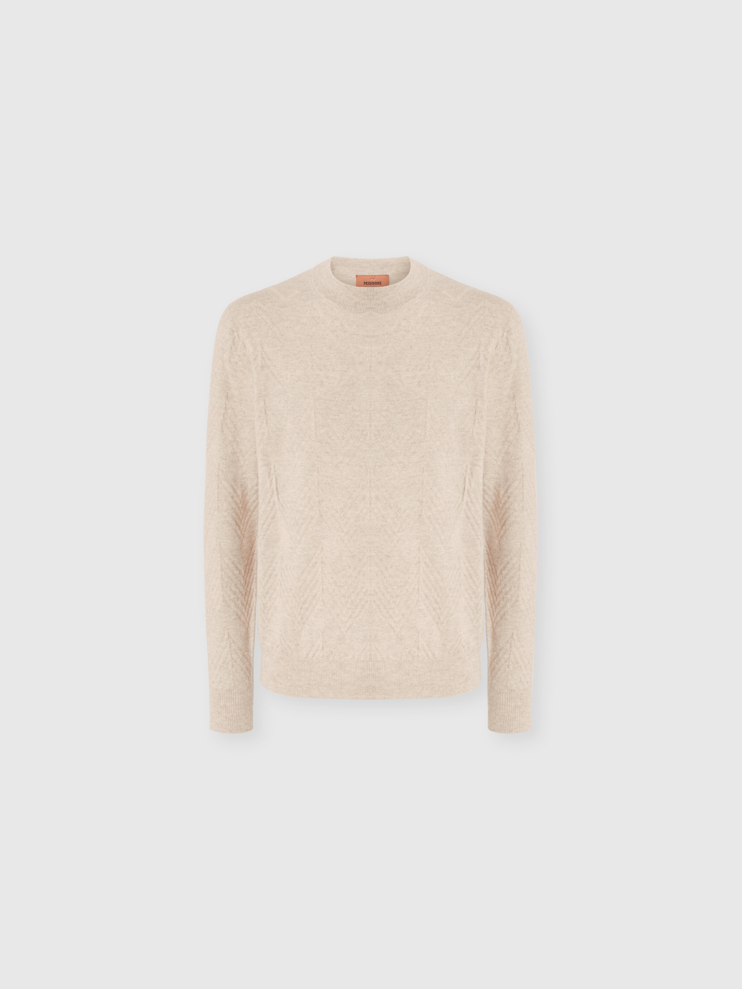 Crew Neck Sweater in Pure Cashmere with Chevron Pattern, Beige - 0