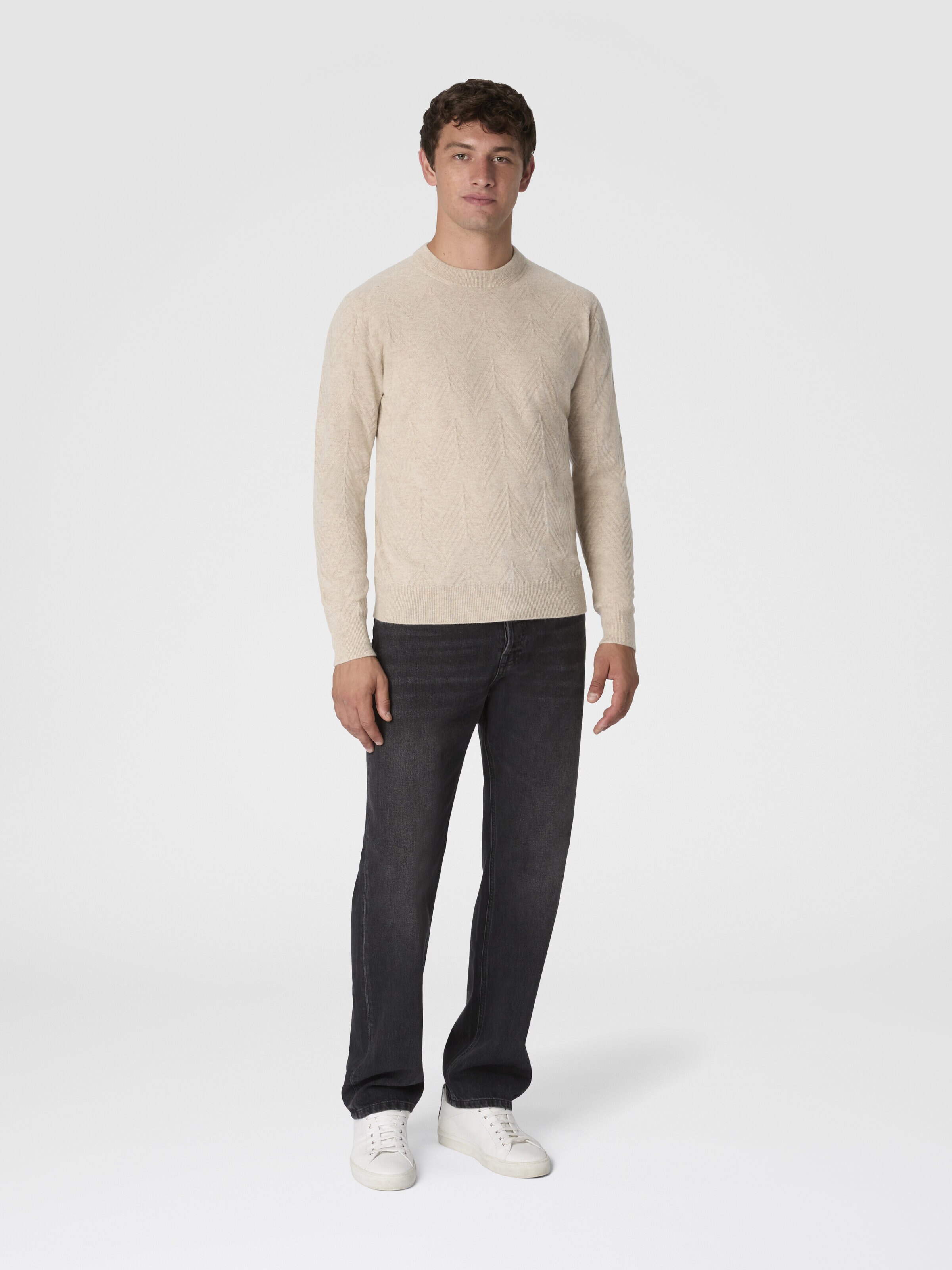 Crew Neck Sweater in Pure Cashmere with Chevron Pattern, Beige - 1