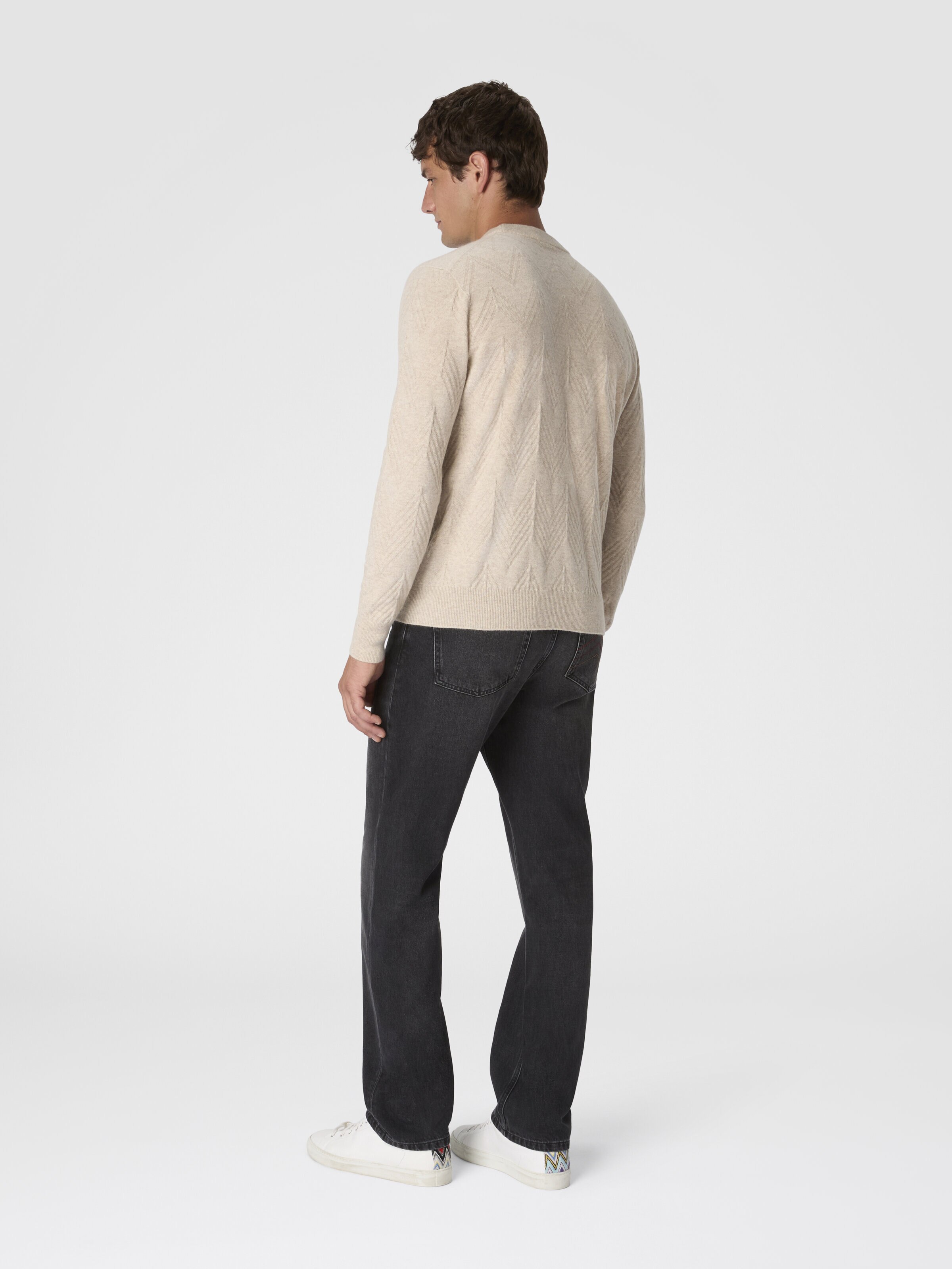 Crew Neck Sweater in Pure Cashmere with Chevron Pattern, Beige - 2