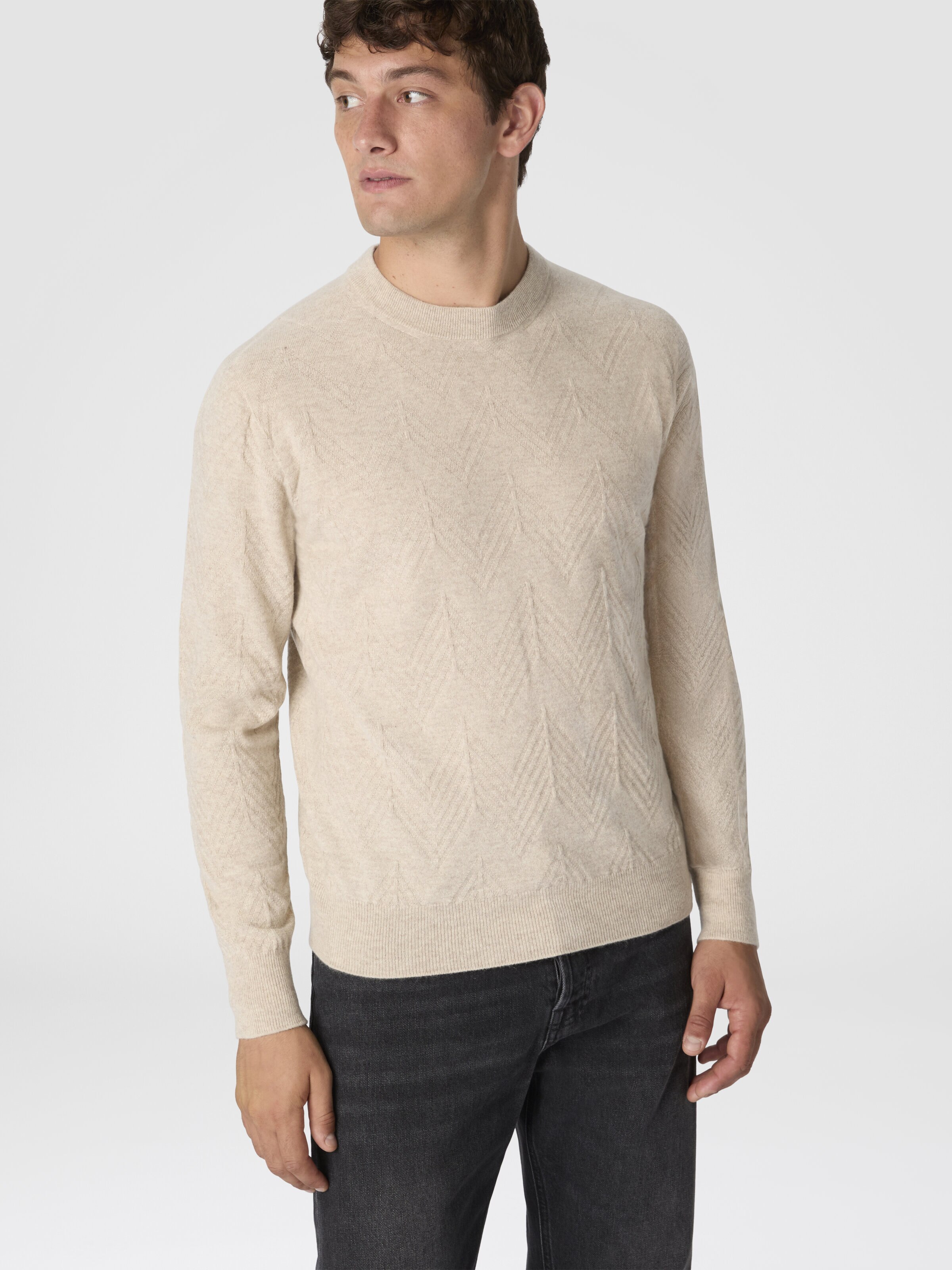 Crew Neck Sweater in Pure Cashmere with Chevron Pattern, Beige - 3