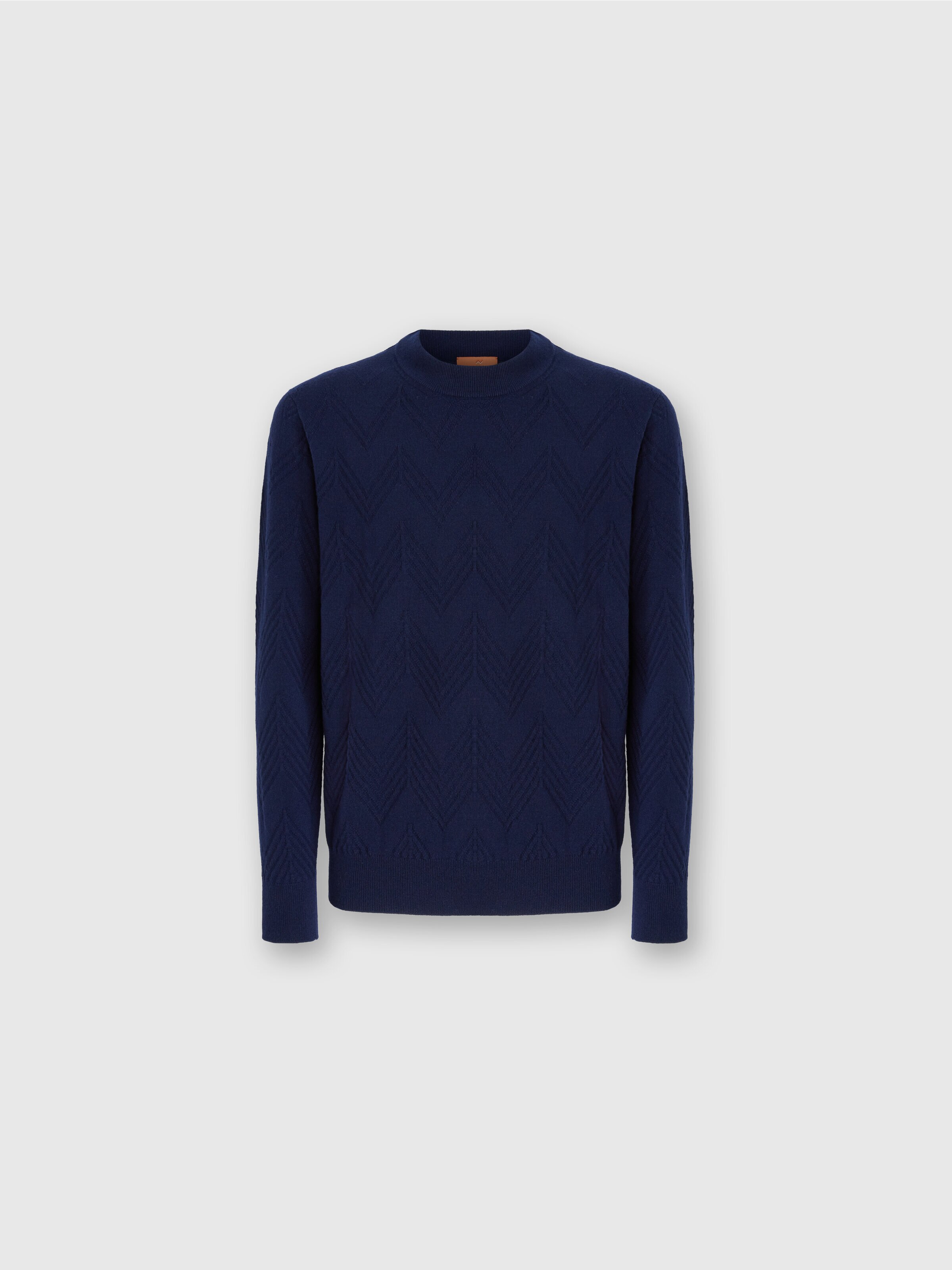 Crew Neck Sweater in Pure Cashmere with Chevron Pattern, Blue - 0
