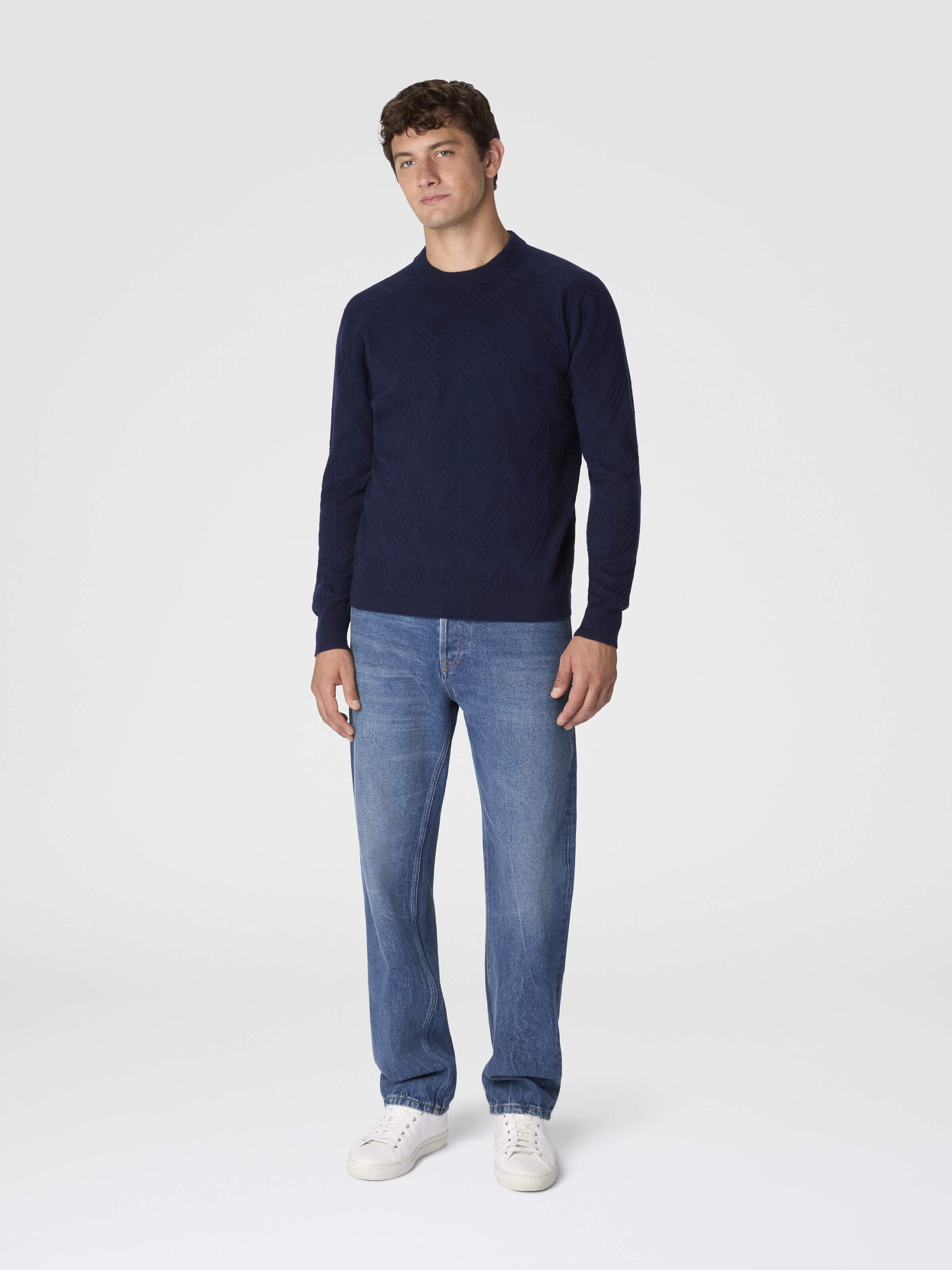 Crew Neck Sweater in Pure Cashmere with Chevron Pattern, Blue - 1