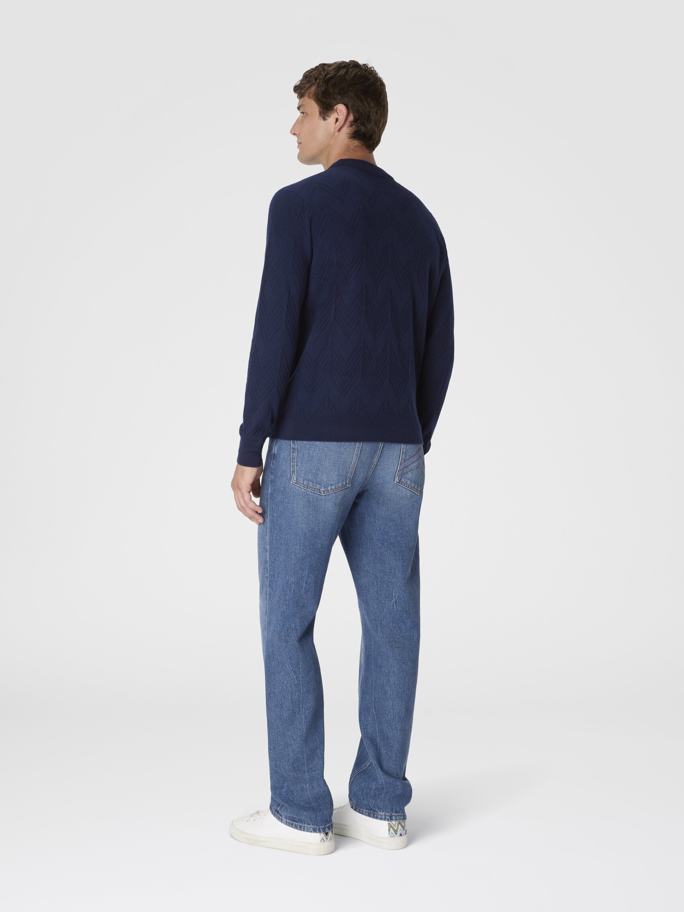 Crew Neck Sweater in Pure Cashmere with Chevron Pattern, Blue - 2