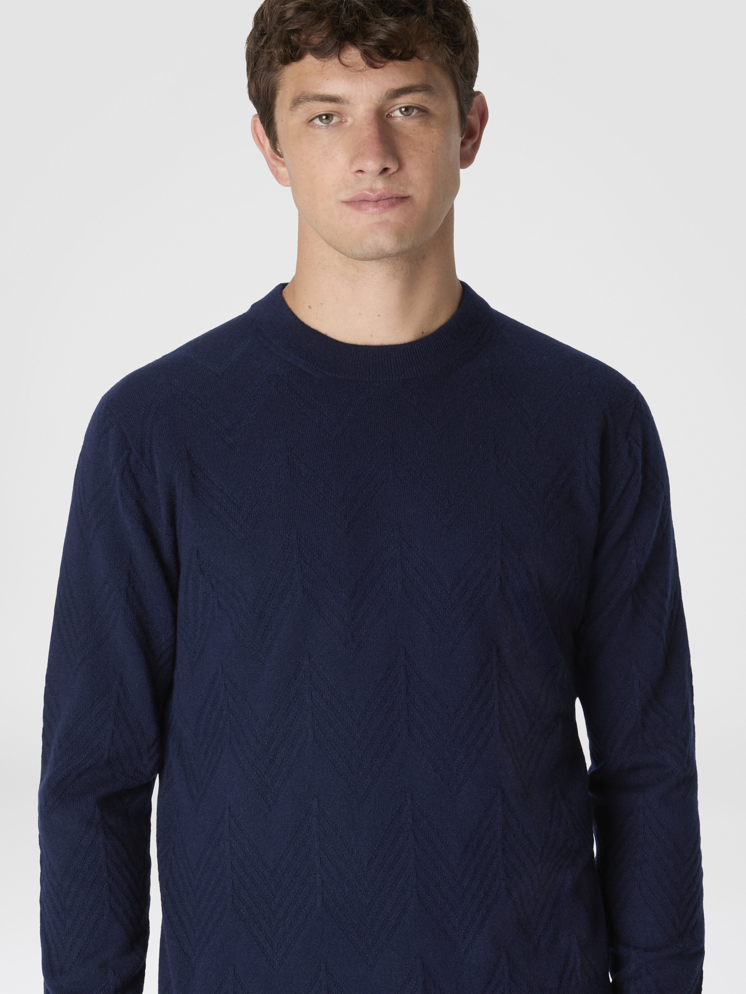 Crew Neck Sweater in Pure Cashmere with Chevron Pattern, Blue - 3